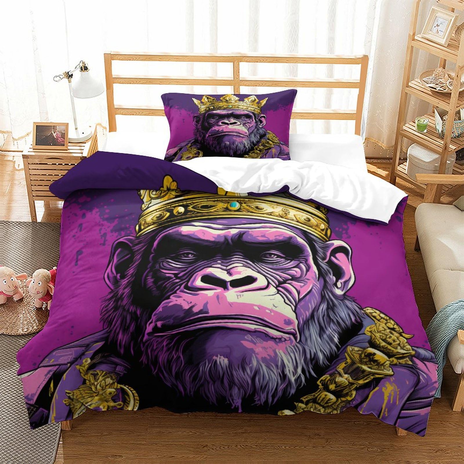 P1S9U7W5Y 3D Printed Purple Gorilla King Duvet Cover Set 3pcs Microfiber Animal Bedding Set Single
