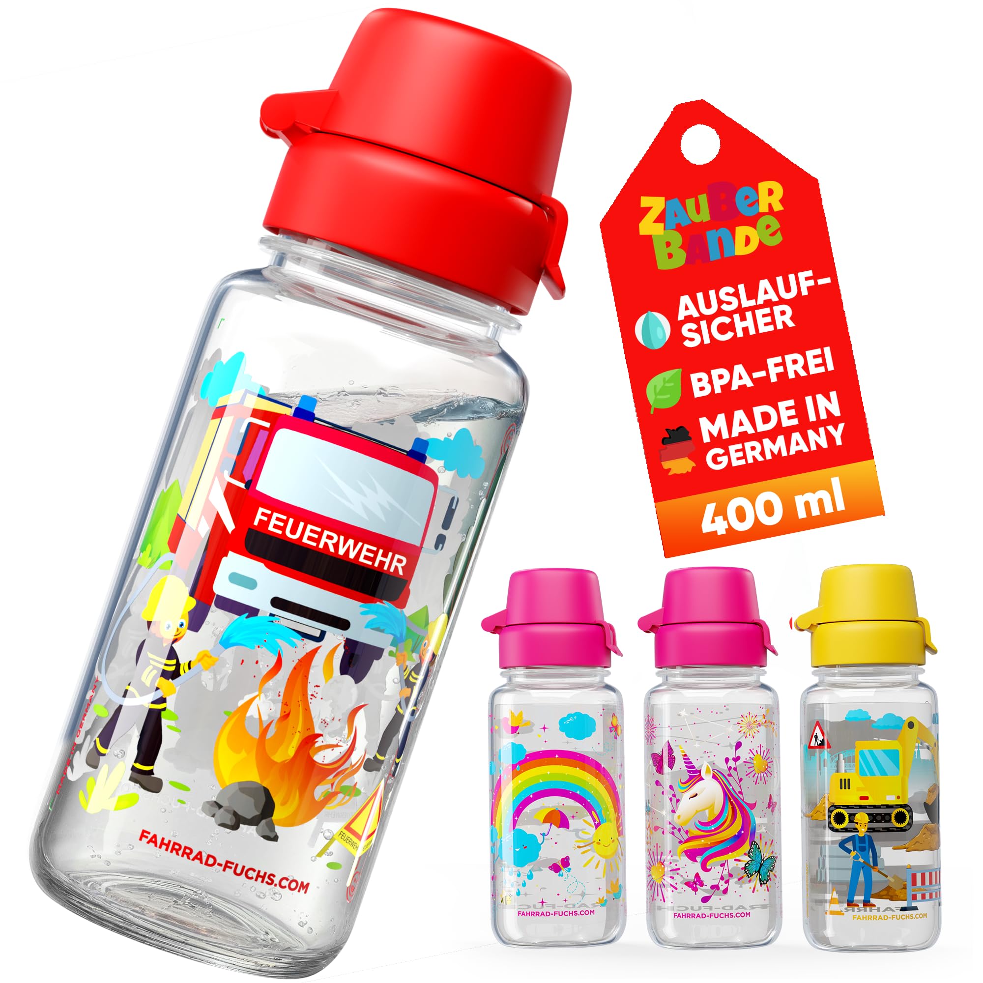 Zauberbande Trinkflasche Kinder auslaufsicher – Feuerwehr – 400 ml – Kinder Trinkflasche Kohlensäure geeignet, BPA frei aus Tritan, spülmaschinenfest, Easy-Clean – für Kindergarten und Schule