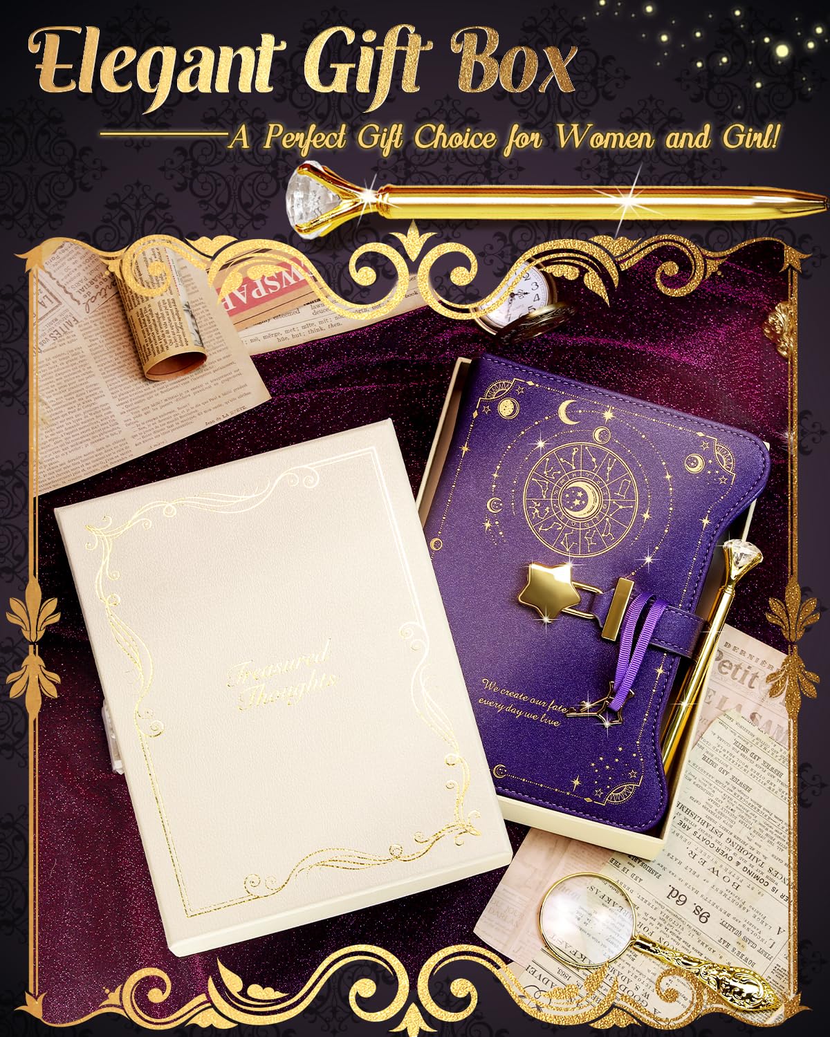 Diary with Lock and Keys for Girls and Women, Lock Diary for Gift Ideas with Gift Box and Pen and Bookmark, Journal for Women with 360 Kraft Pages, B6 Refillable Notebook with Lock for Writing (Deep Royal Purple)