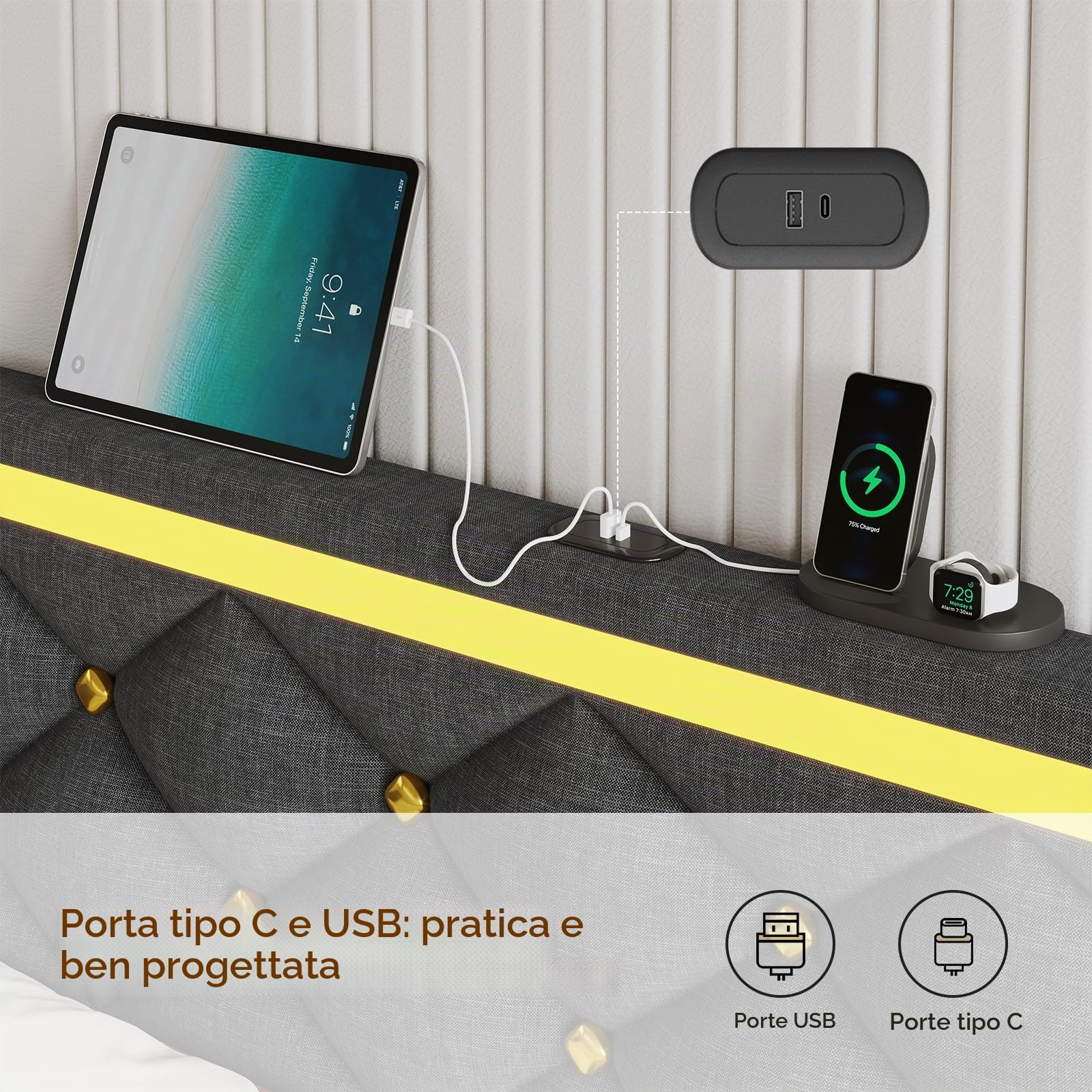DICTAC Letto 160 x 200 cm, con illuminazione a LED e stazione di ricarica USB, moderno letto matrimoniale 160 x 200 cm, con rete a doghe e testiera alta, struttura del letto in grigio scuro e tessuto