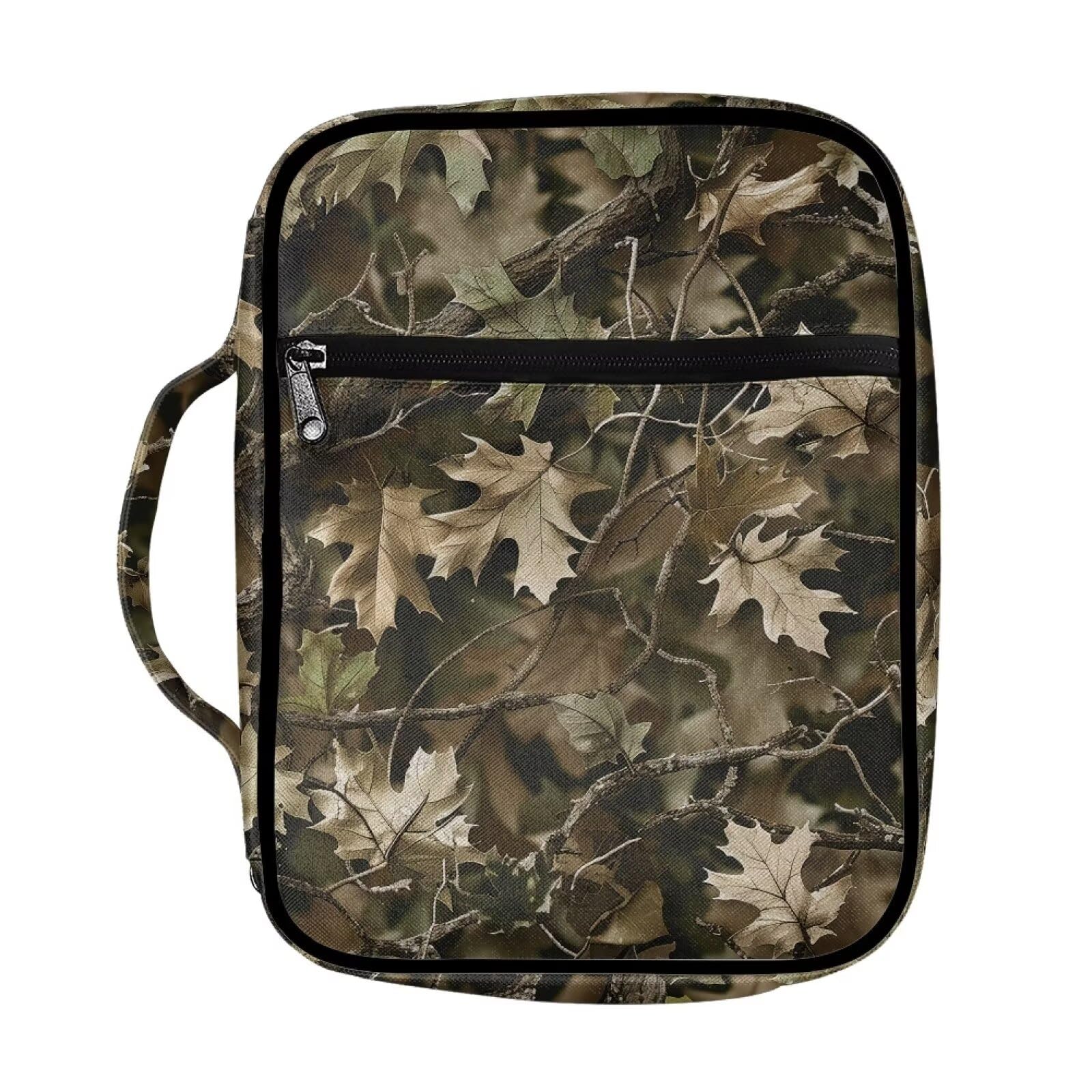 Suobstales Green Hunting Camo Print Bible Cover Carrying Book Case for Women Men Lightweight Bible Bag Bible Protective with Handle and Zippered