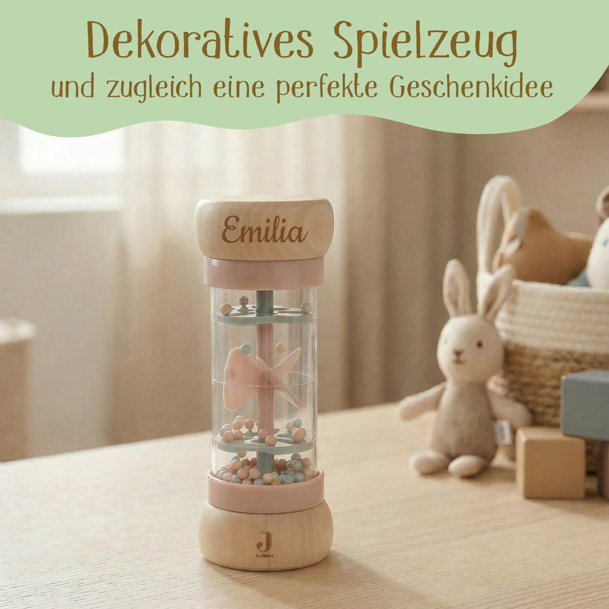 Regenmacher personalisiert mit Name – FSC Holz Baby Rassel ab 3 Monate – Geschenk zur Geburt, Taufe, Geburtstag, Motorikspielzeug Baby Mädchen – Holzspielzeug mit Gravur
