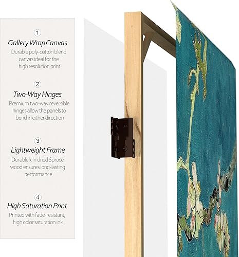 Miniatura 4 de Red Lantern Pantalla plegable de lona de Van Gogh de doble cara, flores de almendracampo de trigo, 3 pies de corto - 3 paneles