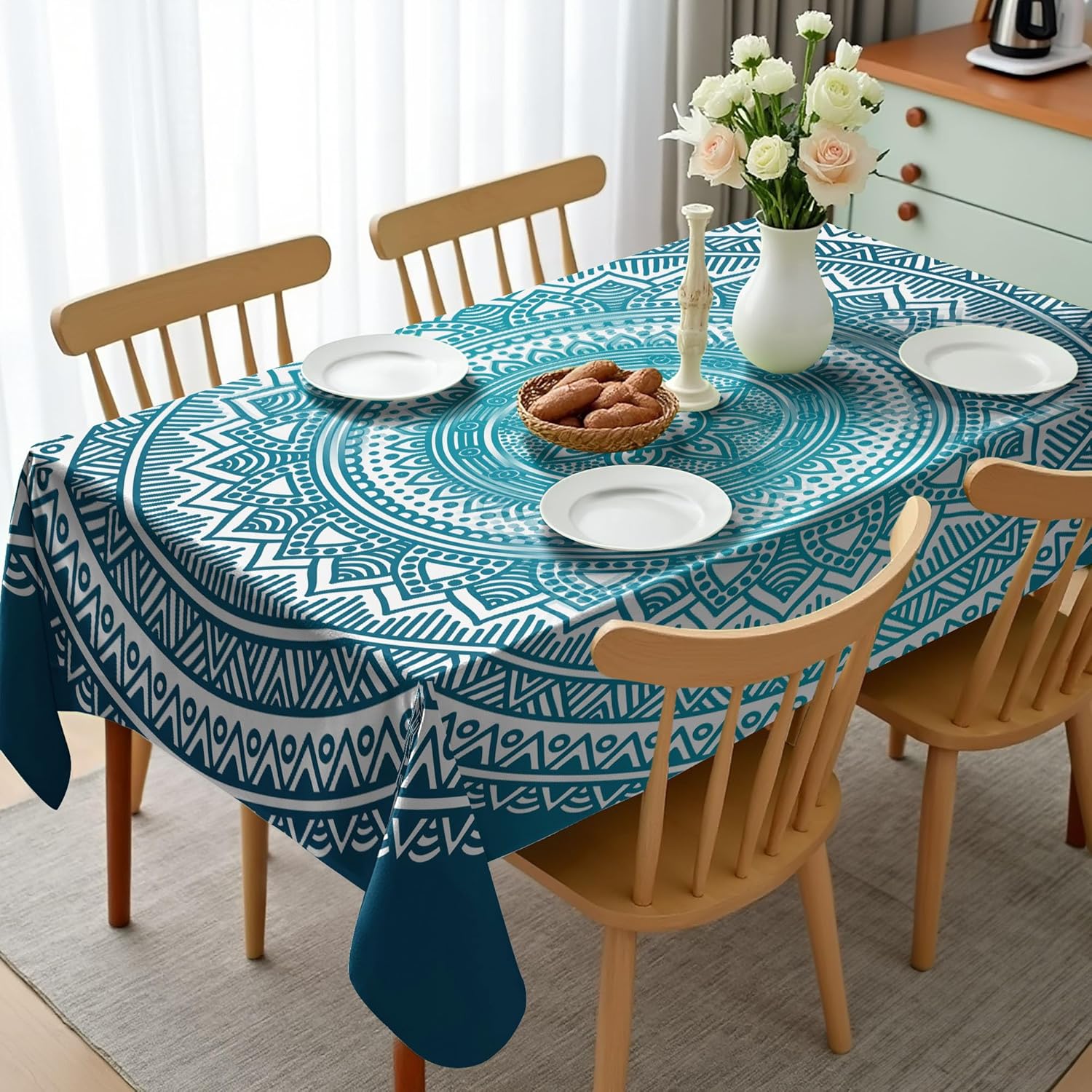 Ambesonne Turquoise Ombre Tablecloth, Mandala Medallion Starry Design with Flower in Middle Art, Rectangular Table Cover for Dining Room Kitchen Decor, 60" X 90", Dark Turquoise