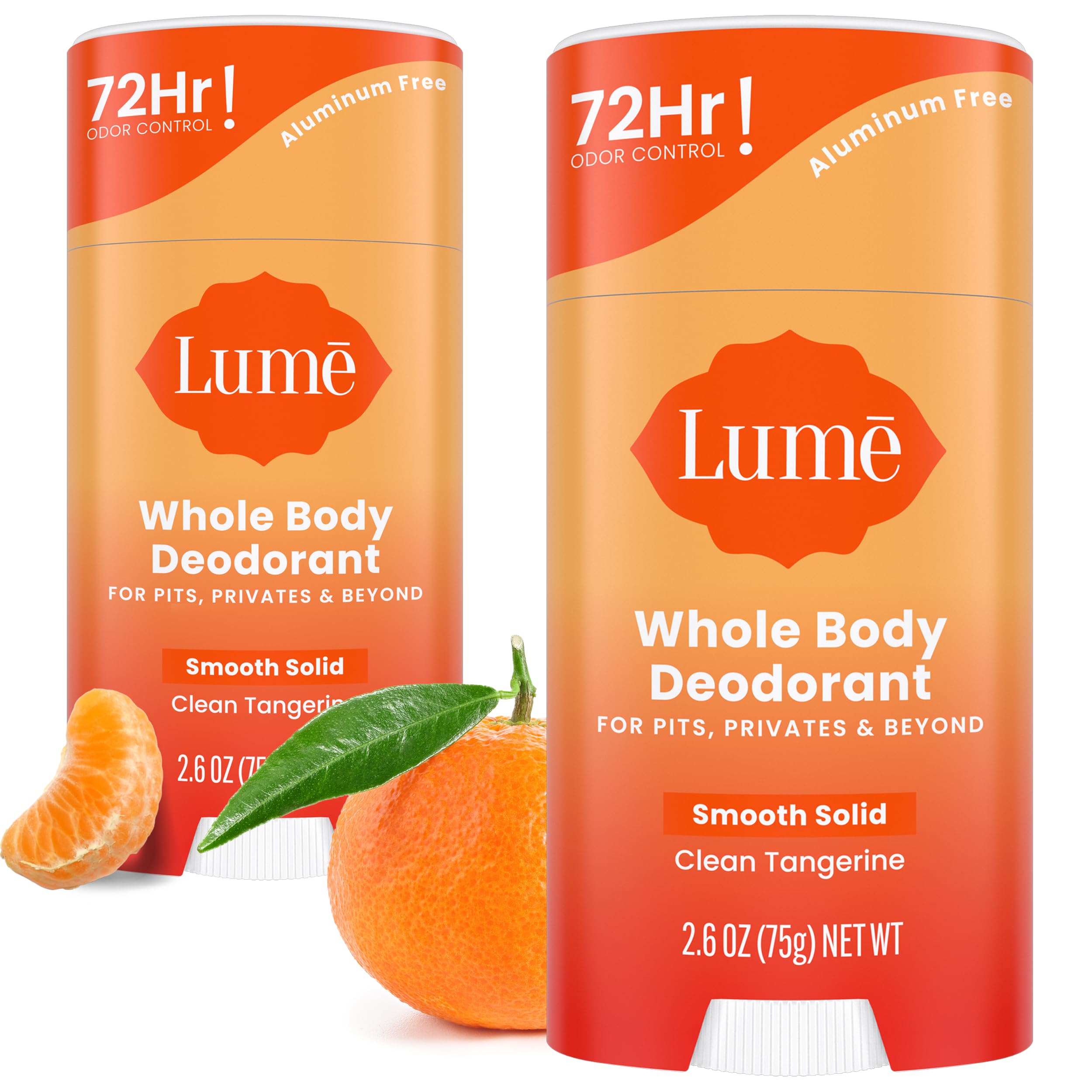Lume Whole Body Deodorant - Smooth Solid Stick - 72 Hour Odor Control - Aluminum Free, Baking Soda Free and Skin Safe - 2.6 Ounce (Pack of 2) (Clean Tangerine)Lume Whole Body Deodorant - Smooth Soli…