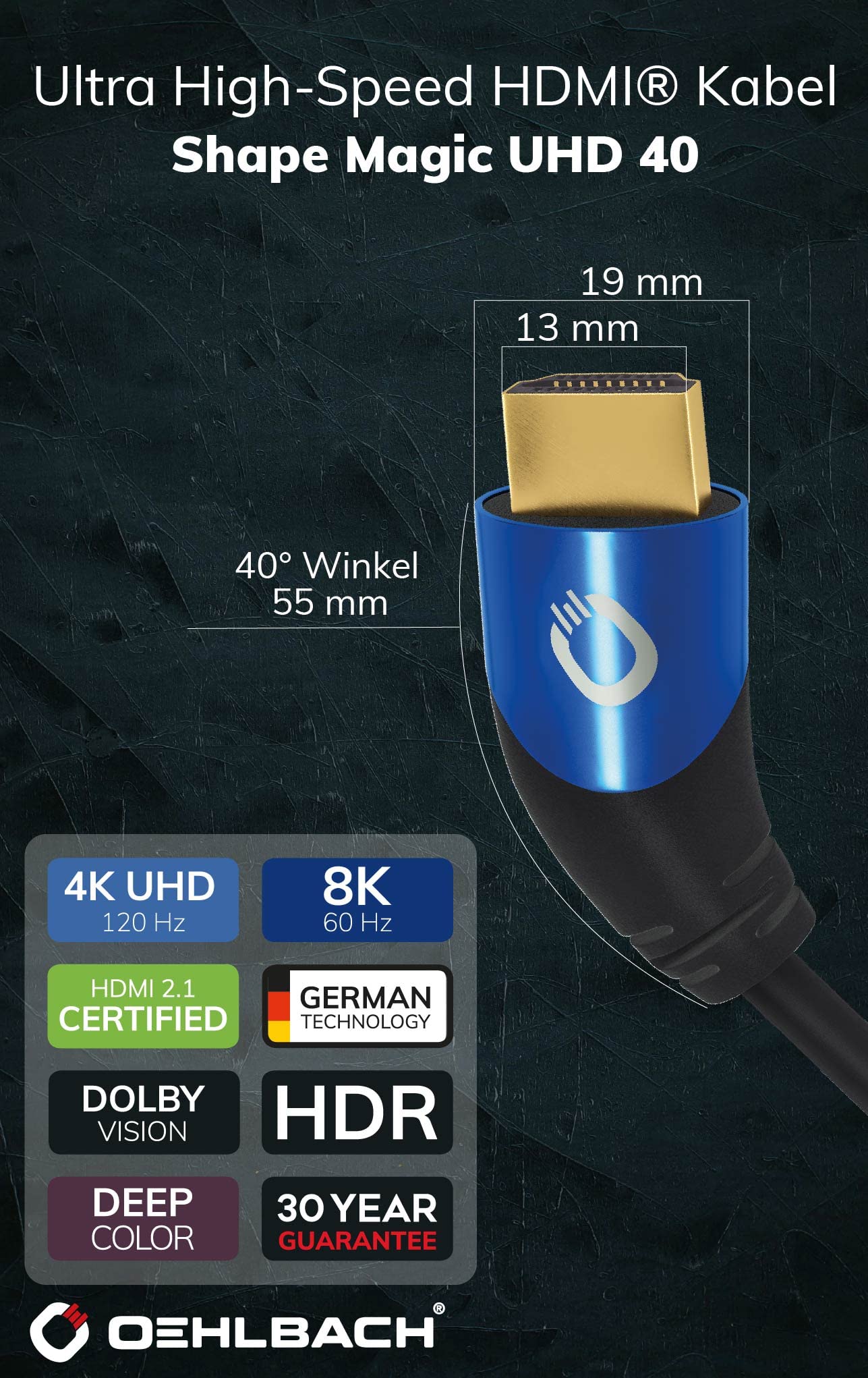 Oehlbach Shape Magic 40-8K Câble HDMI 2.1 ultra haute vitesse – Certifié 48 Gbps (fiche coudée à 40 °, triple blindage OFC en cuivre monté), noir, 3 m