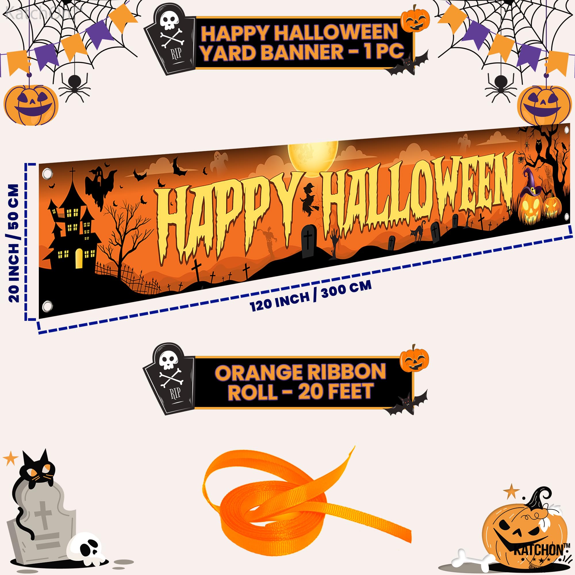 KatchOn, Baner Happy Halloween na zewnątrz, 300 x 50 cm, pomarańczowy i czarny baner na podwórko z okazji Halloween, znak na podwórko na Halloween, dekoracja podwórka, banery halloweenowe na zewnątrz