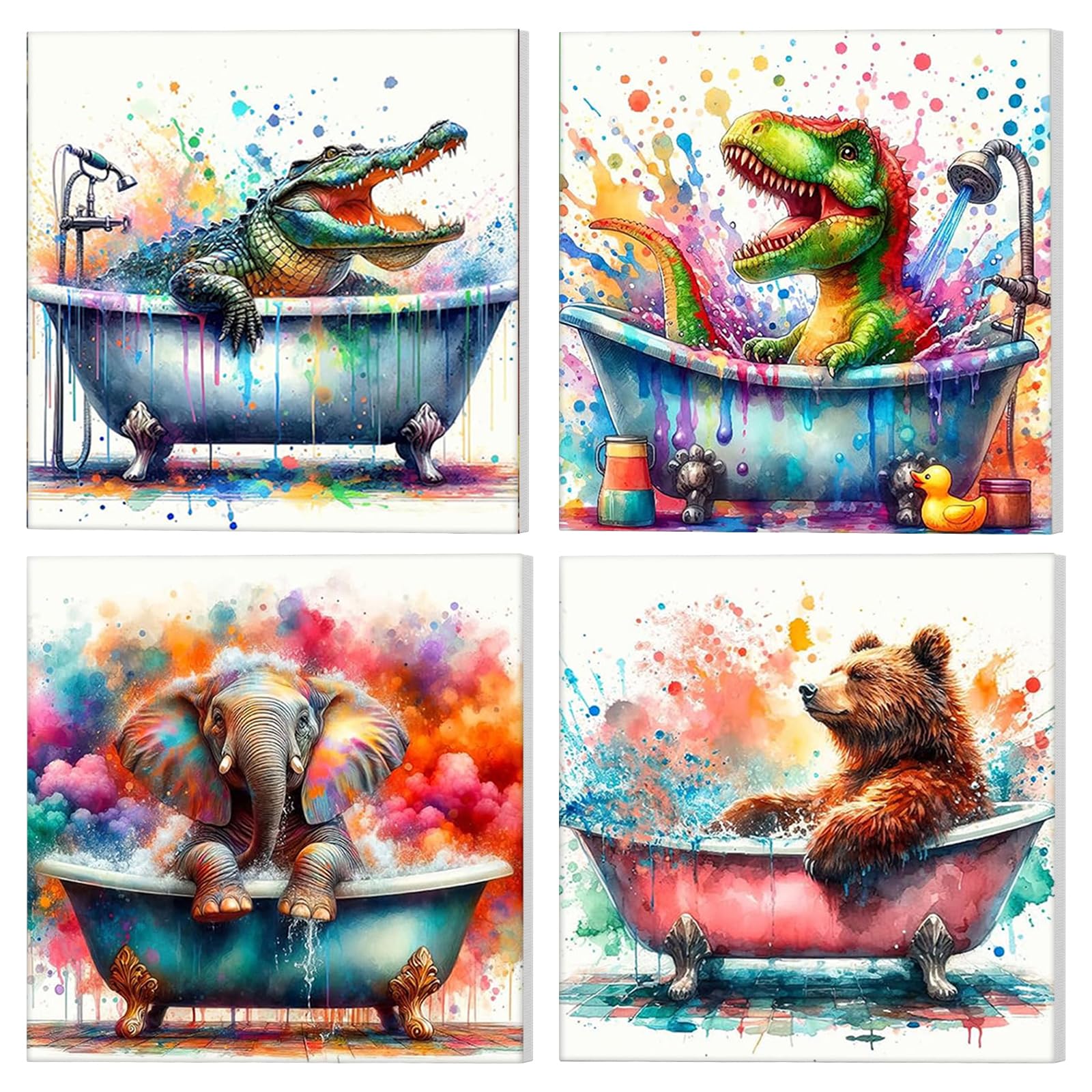 NAIMOER 4 Pack Animals in Bathtub Paint by Numbers Kits for Adults with Frame, DIY Paint by Numbers for Beginners Funny Animals, Painting by Numbers on Canvas Gifts for Home Decor 20x20cm
