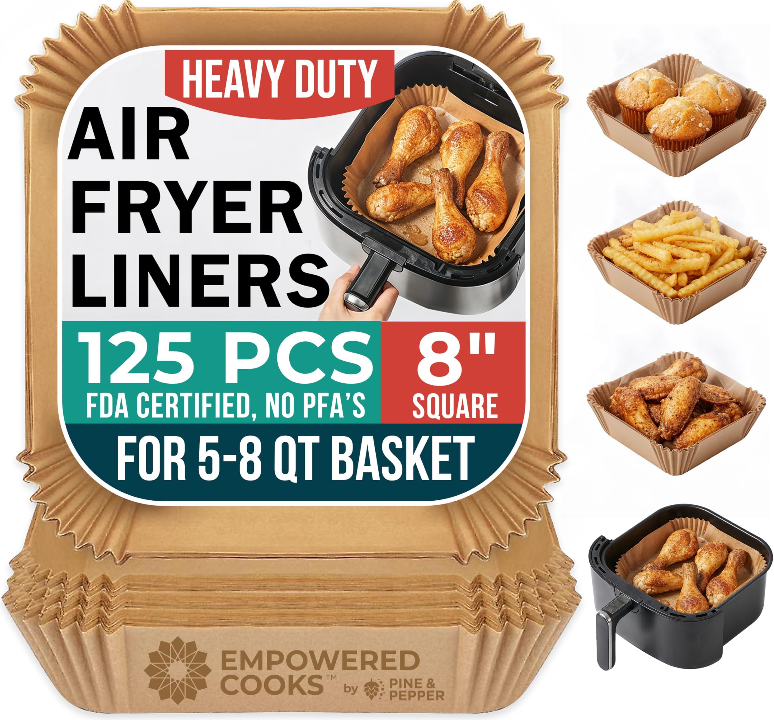 Cathy Yoder's AirFryer Paper Liners, 125 PCS 8-inch Square Air Fryer Liners Disposable, Premium, Food-Grade Easy Cleanup Air Fryer Parchment Paper Sheets, Airfryer Liner for 5-8QT, Baking & Roasting