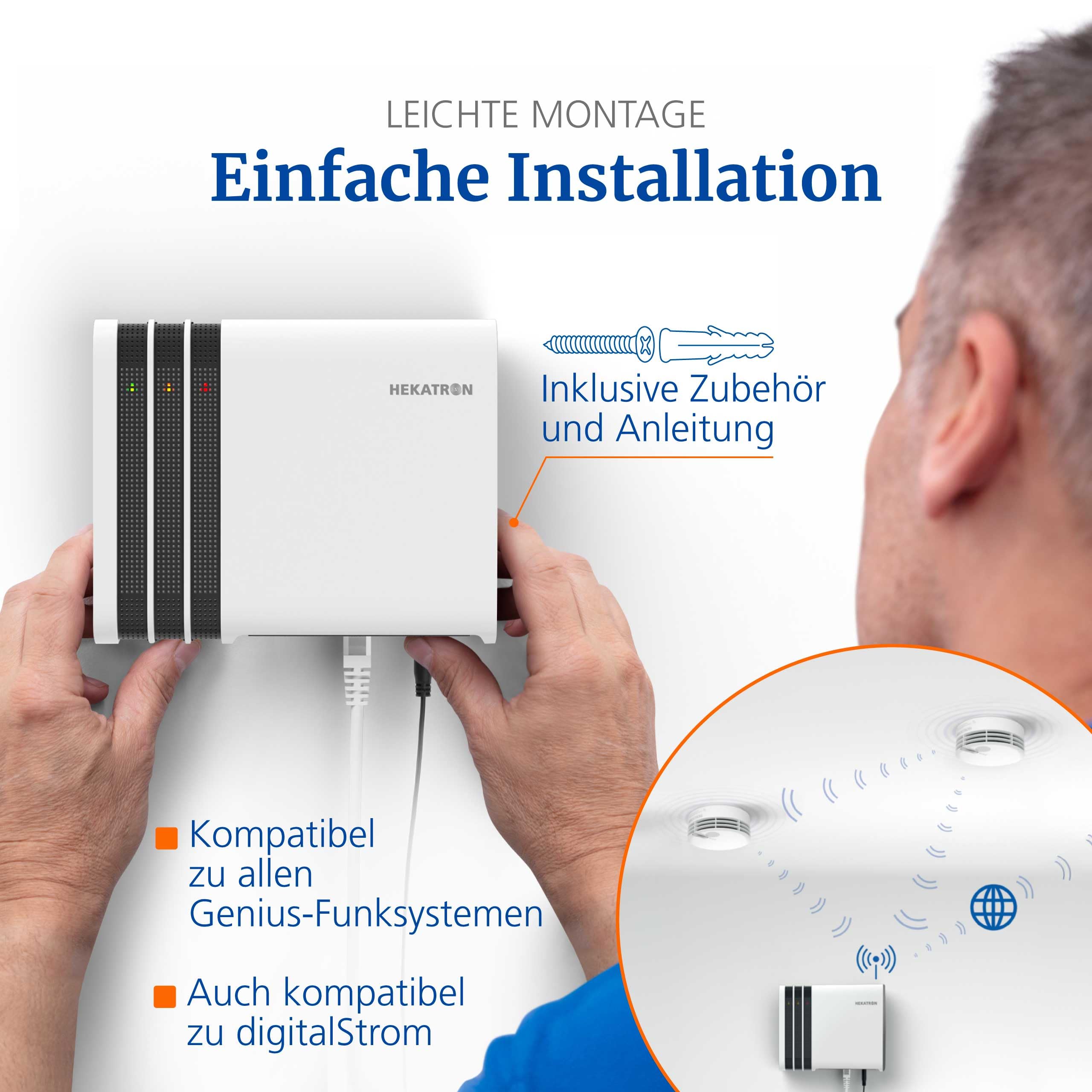 Hekatron Genius Port – brama radiowa do czujników dymu Genius Plus X | Niezawodne przekazywanie alarmu na mobilne urządzenia końcowe, łatwa instalacja