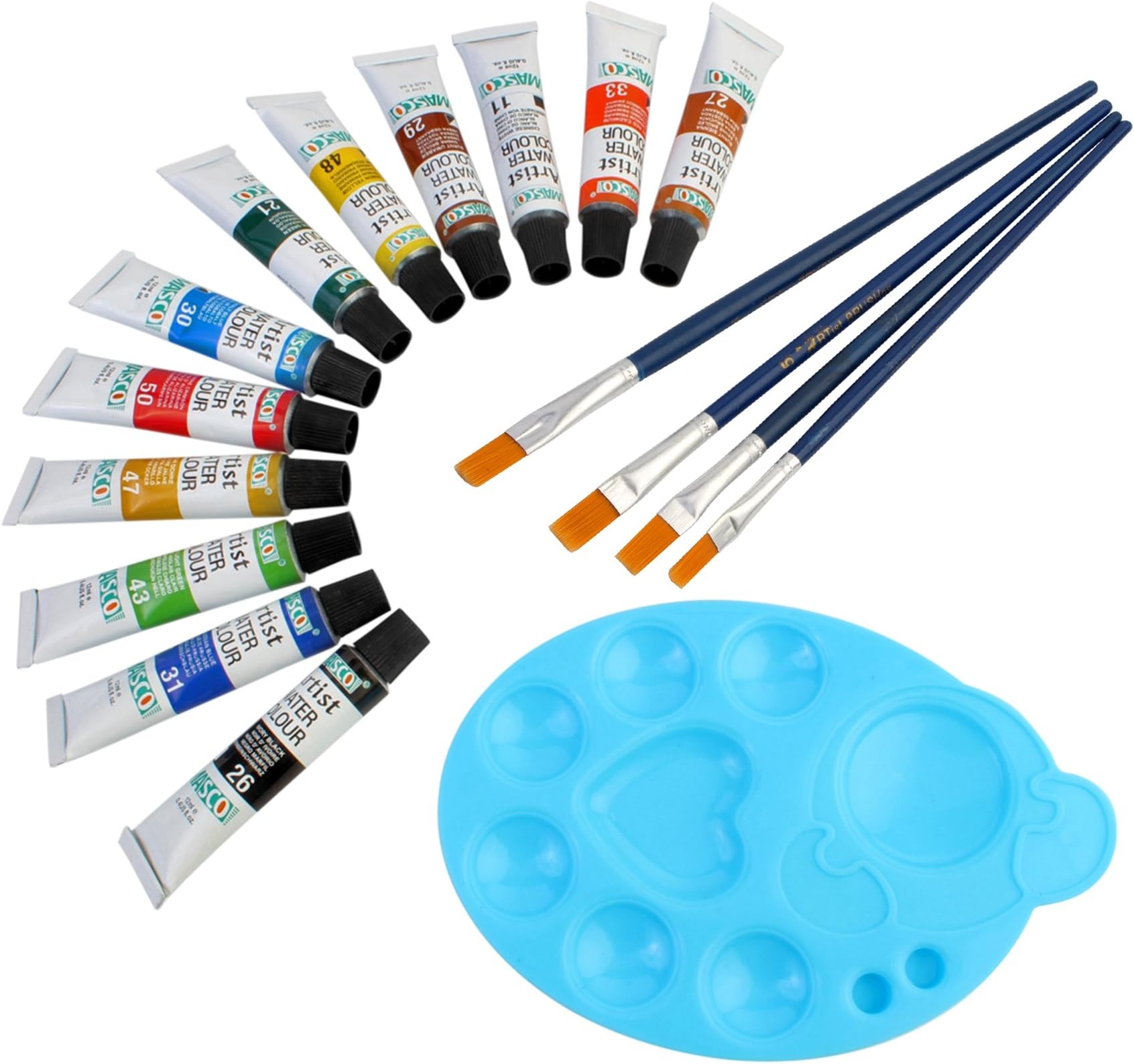 DOZEN Artist Quality 12ml Water Color Tubes Set with 4 Paint Brushes & Palette, 12 Colors Set