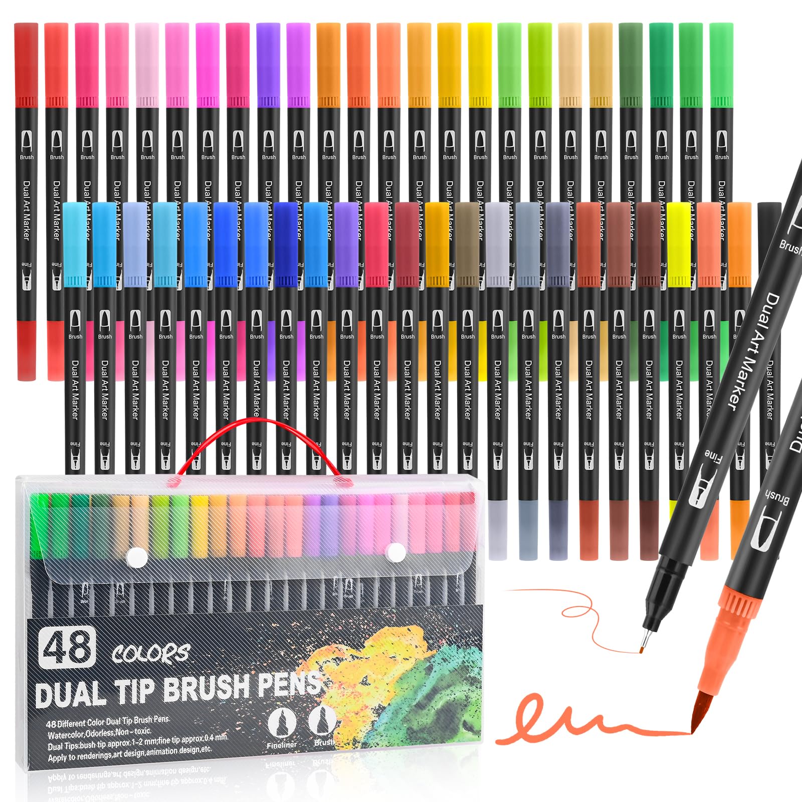 48 Colours Lettering Markers, Double Ended Markers (Fine and Brush), Drying and Odorless, Markers for Lettering, Glass, Painting Stones, Kit for Children and Adults