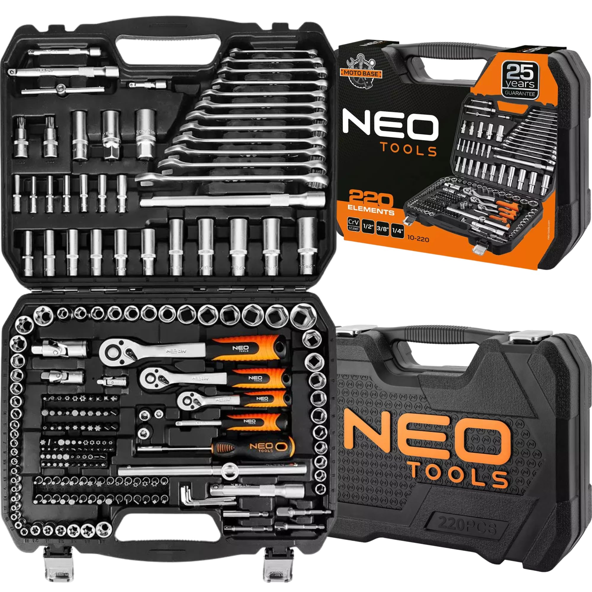 NEO TOOLS Set di chiavi a bussola professionale, 220 pezzi, set di chiavi a cricchetto da 1/2" 3/8" | 1/4" in acciaio CrV, cricchetto 72T, chiavi a forchetta e punte, cassetta degli attrezzi, attrezzi 10-220