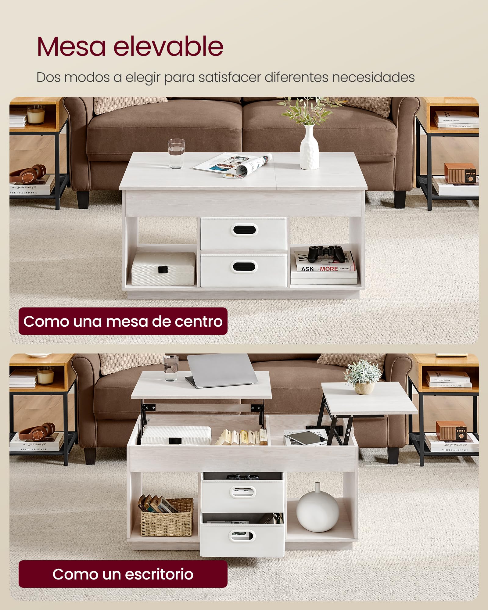 VASAGLE Mesa de Centro, Mesa de Café con Tablero Elevable, 2 Cajones y Compartimentos Ocultos, Compartimentos Abiertos, para Sala de Estar, Estudio, Beige Avena LCT210K01