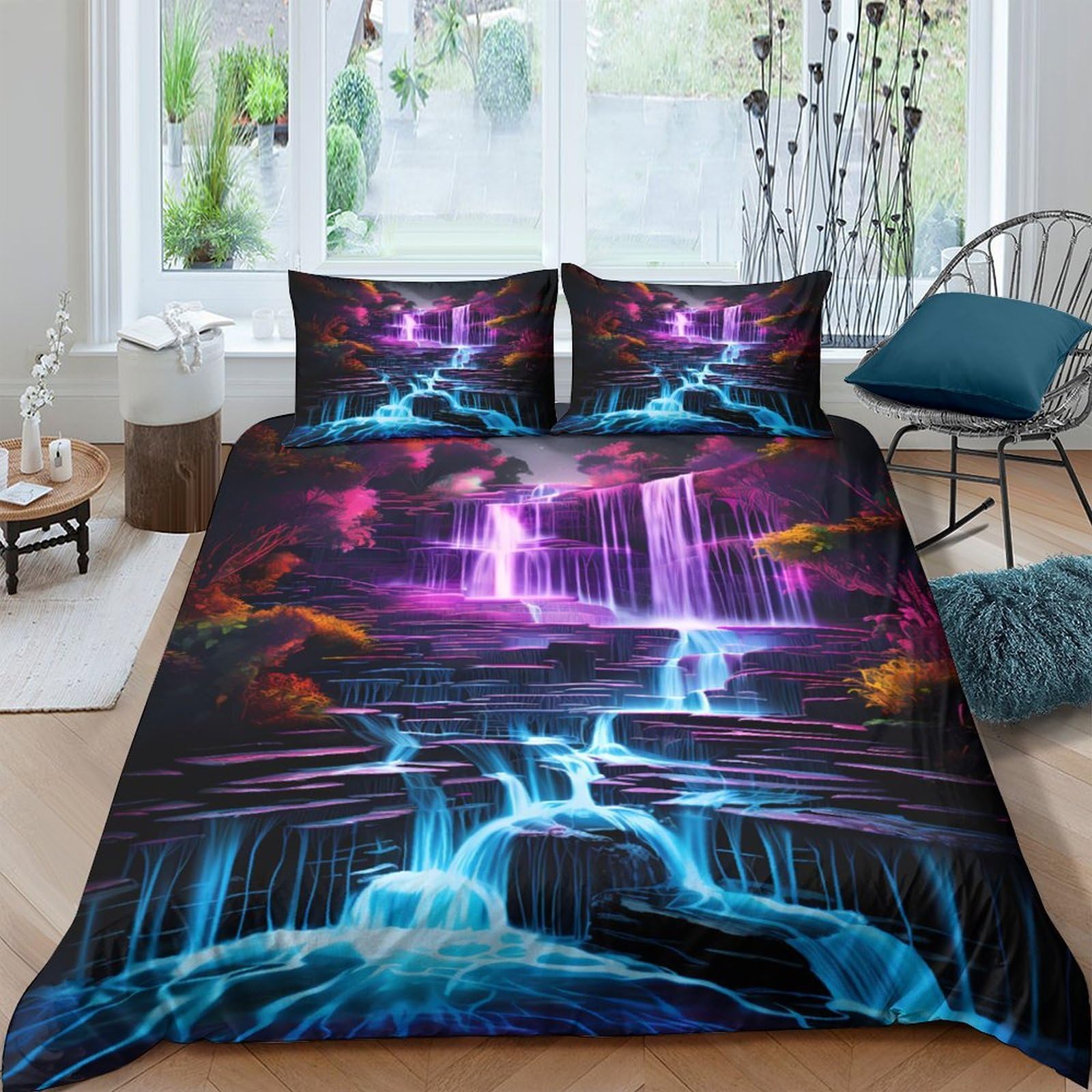 Ctjqhvkz Style-4 3D Printed Neon Waterfall Fitted Sheet Microfiber Soft Gradient River Bed Cover For Bedroom Guest Room Decor Single（135X200cm）