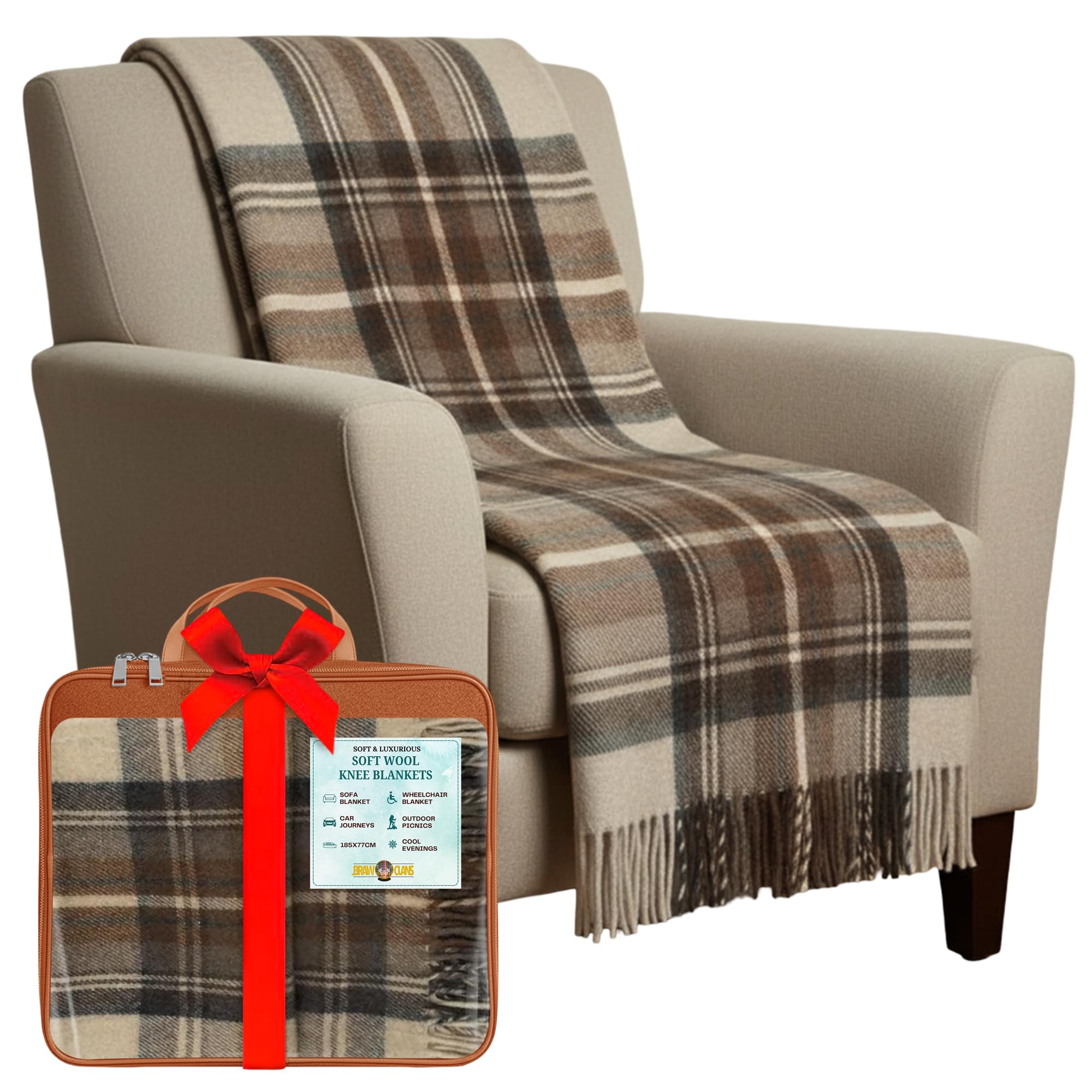 Braw Clans Tartans Stewart Natural Dress Soft Wool Tartan Knee Blanket Lap Throw - Lap Blanket For Sofa With Fringed Edges - Compact Travel Essentials & Car Seat Throw - Plaid