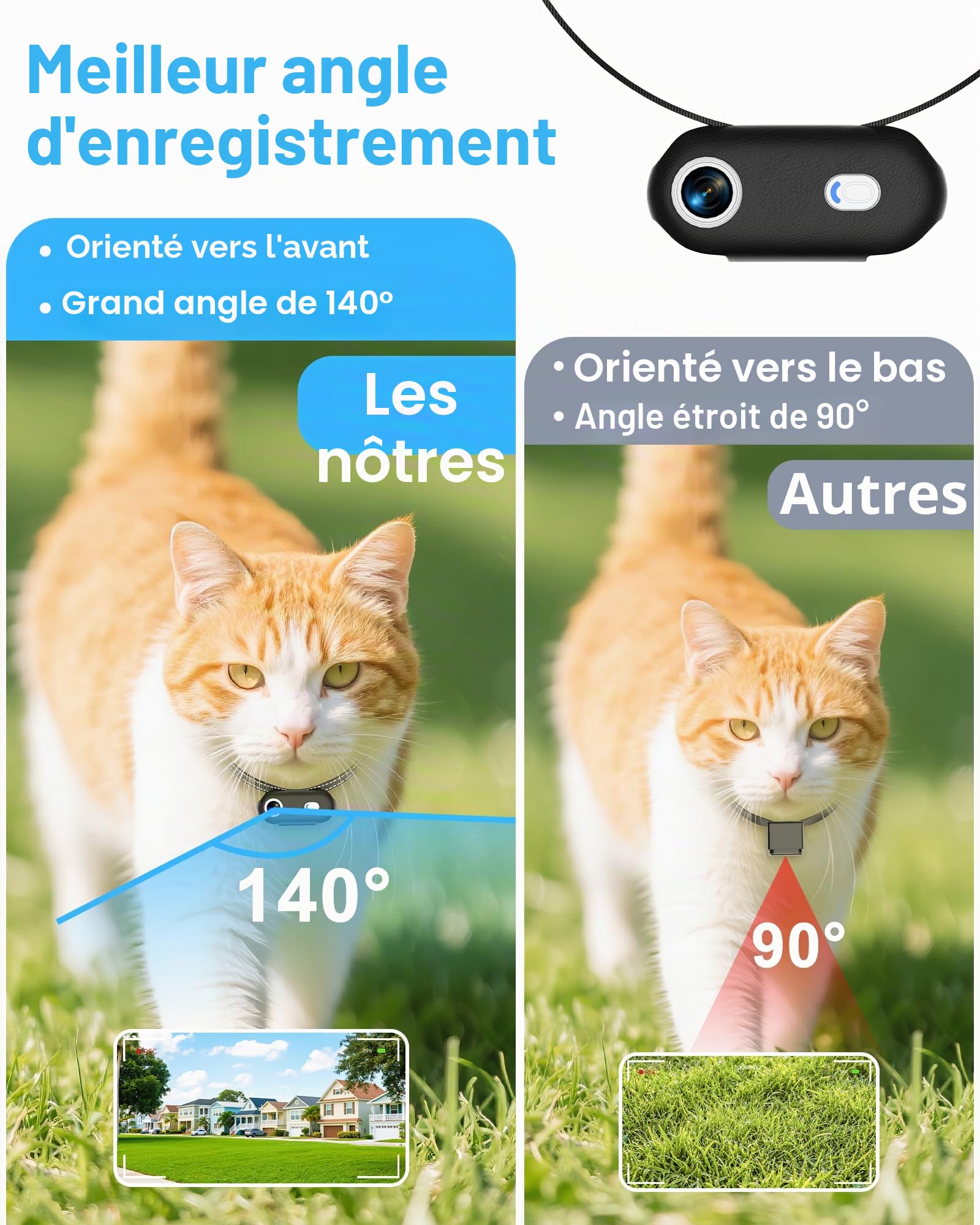 Collier pour caméra pour chat avec application pour téléphone, enregistrement vidéo HD 1080p, caméra POV pour chiens et grands chats, collier sans fil avec visualisation de l'application (collier XS)