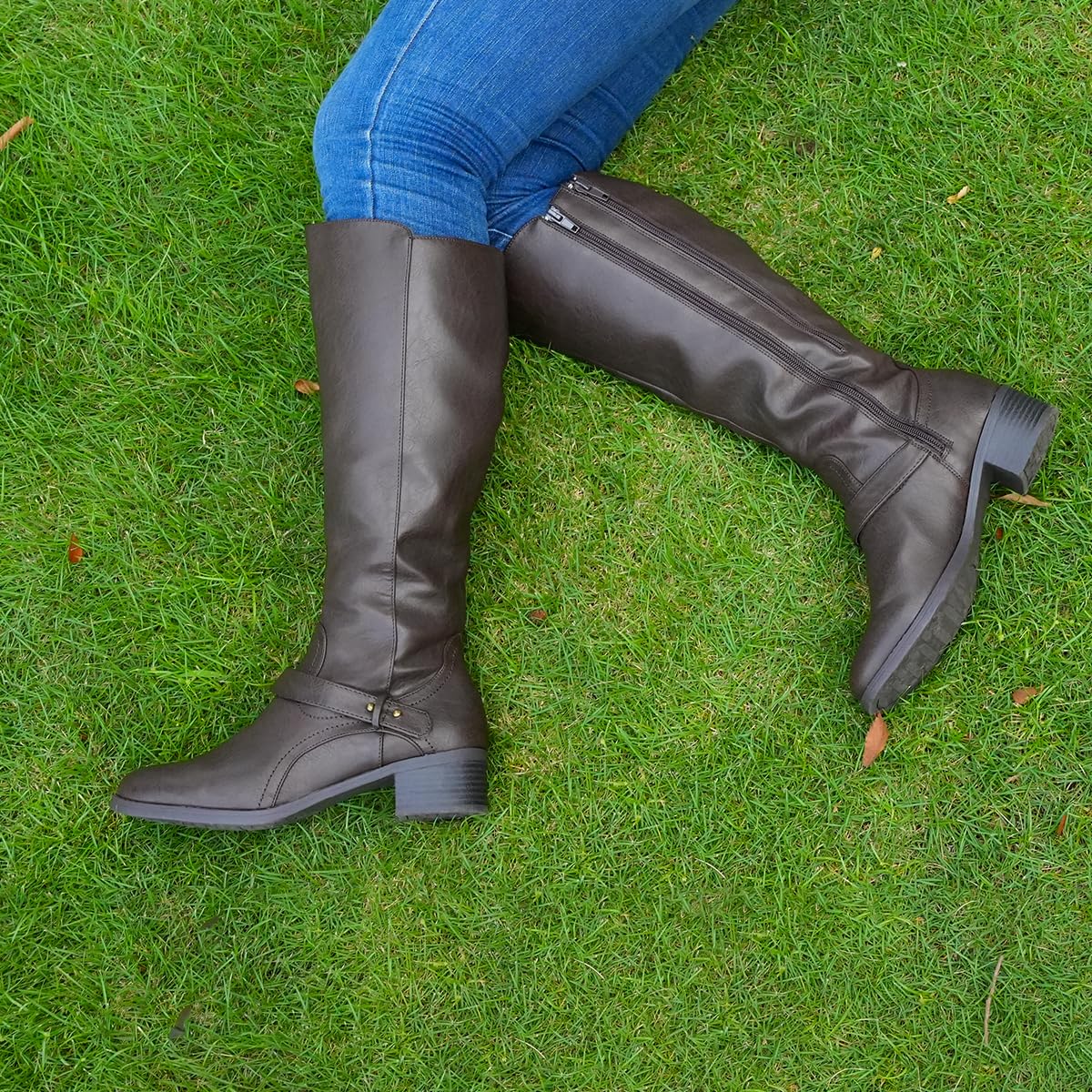 Hawkwell Botas de montar hasta la rodilla con doble cremallera y pantorrilla ancha para mujer