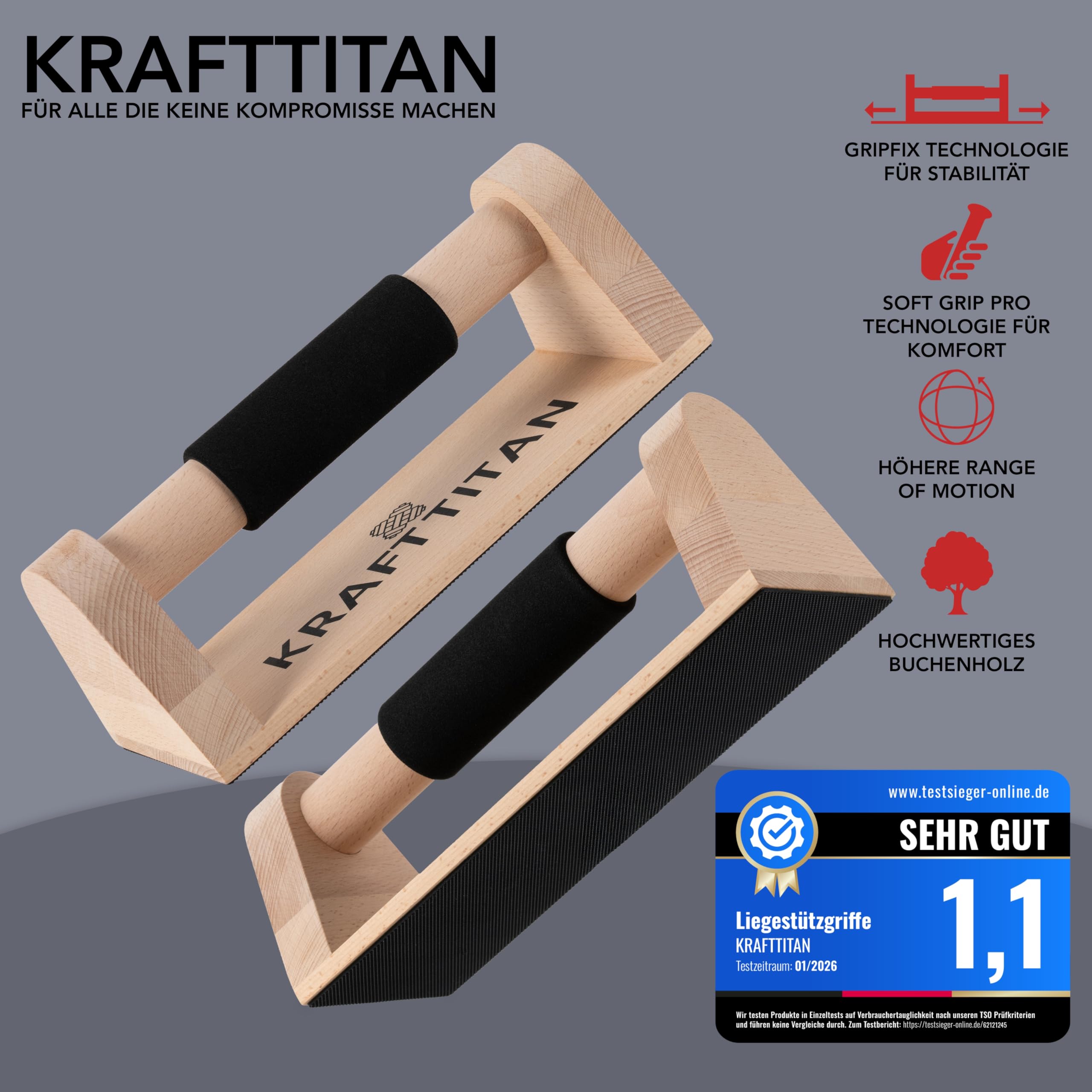 Premium Liegestützgriffe aus Holz [Extrem rutschfest und stabil] mit Soft Grip Griff | Parallettes | Ergonomische und gelenkschonende Handstand Griffe | Calisthenics Equipment