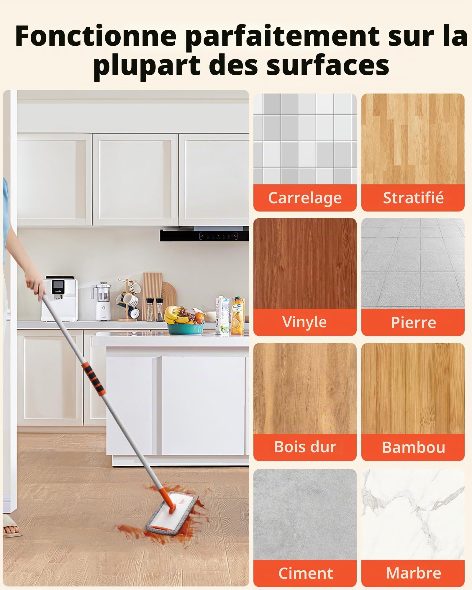 Balai Serpillère Professionnel Balais Nettoyer Sol avec 4 Tampons Lavables Réutilisables Serpillere Balai pour Le Bois Dur, Le Stratifié, Le Bois