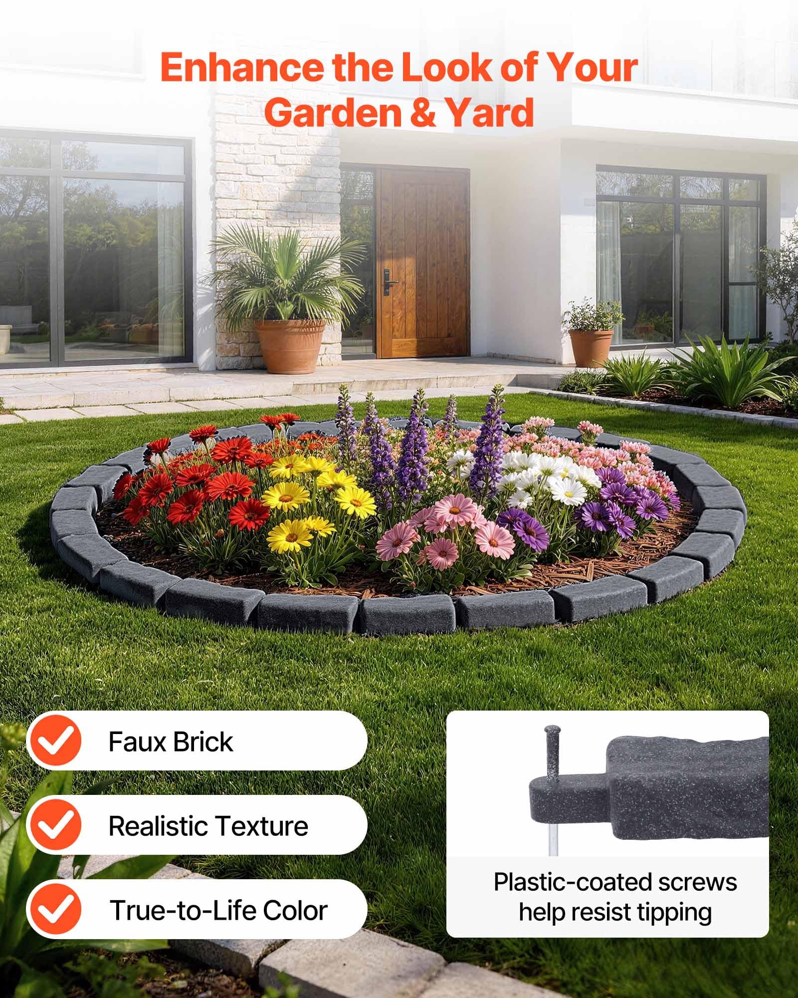 VEVOR Beeteinfassung in Steinoptik, 4,7 m, Beetumrandung ohne Graben, Rasenkante für Rasen, Blumenbeete & Garten, 4er-Pack (je 6 Steine ​​à 118x9,5x5,7 cm), 12 Befestigungsspitzen, Anthrazit