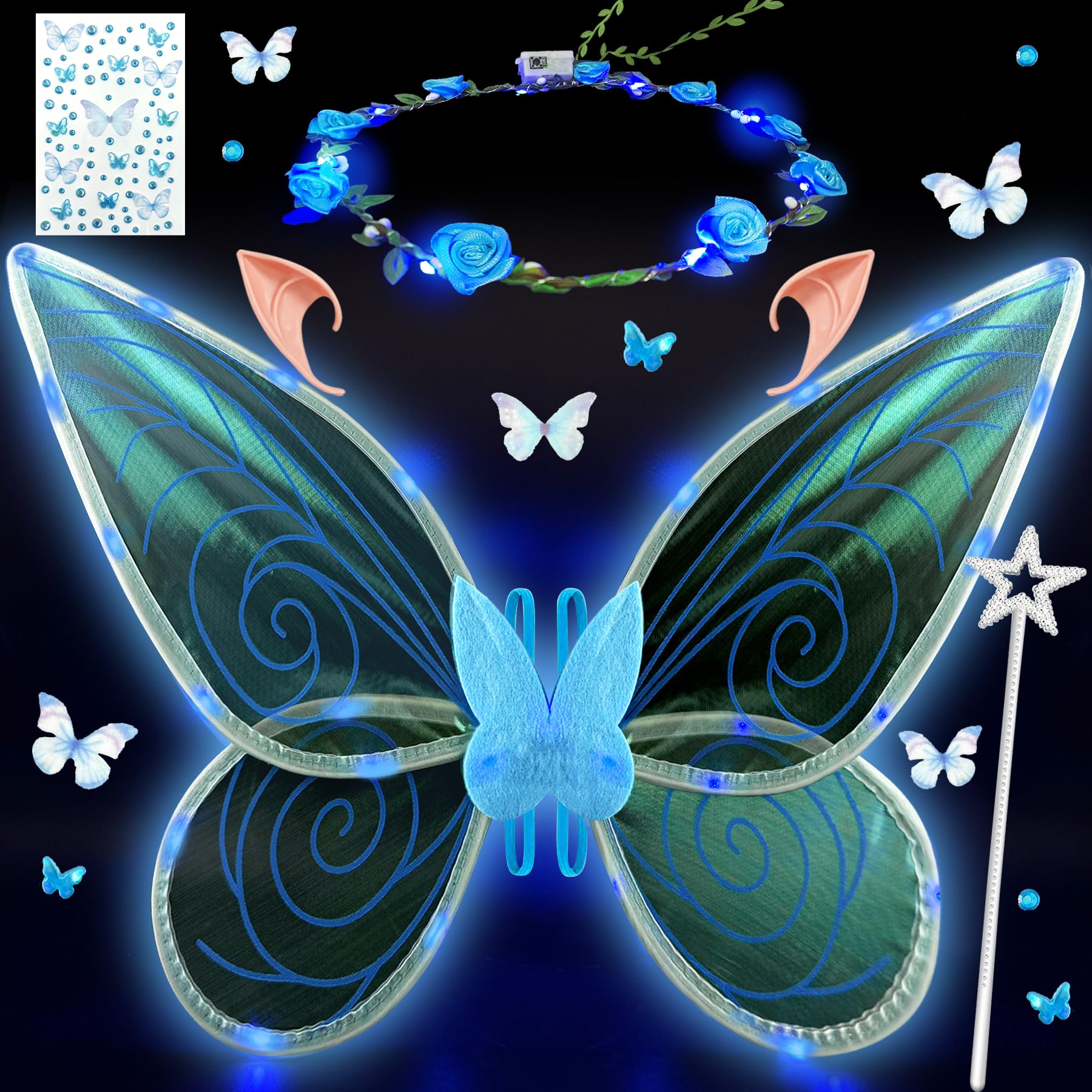 Costume D'ailes De Fée Avec Baguette Magique - Ailes Papillon Organza, Bandeau, Paillettes - Pour Halloween, Anniversaire