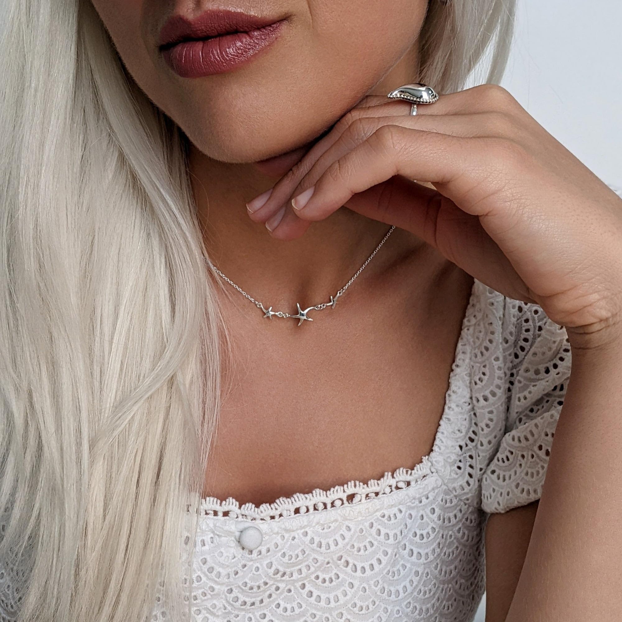 Silverly Collar Triple Estrella Mar Plata Esterlina Mujer | Charms Estrella Plata 925 Cadena Tipo Cable | Collares Sirena Vida Marina Mujer | Elegantes Joyas Inspiradas Océano