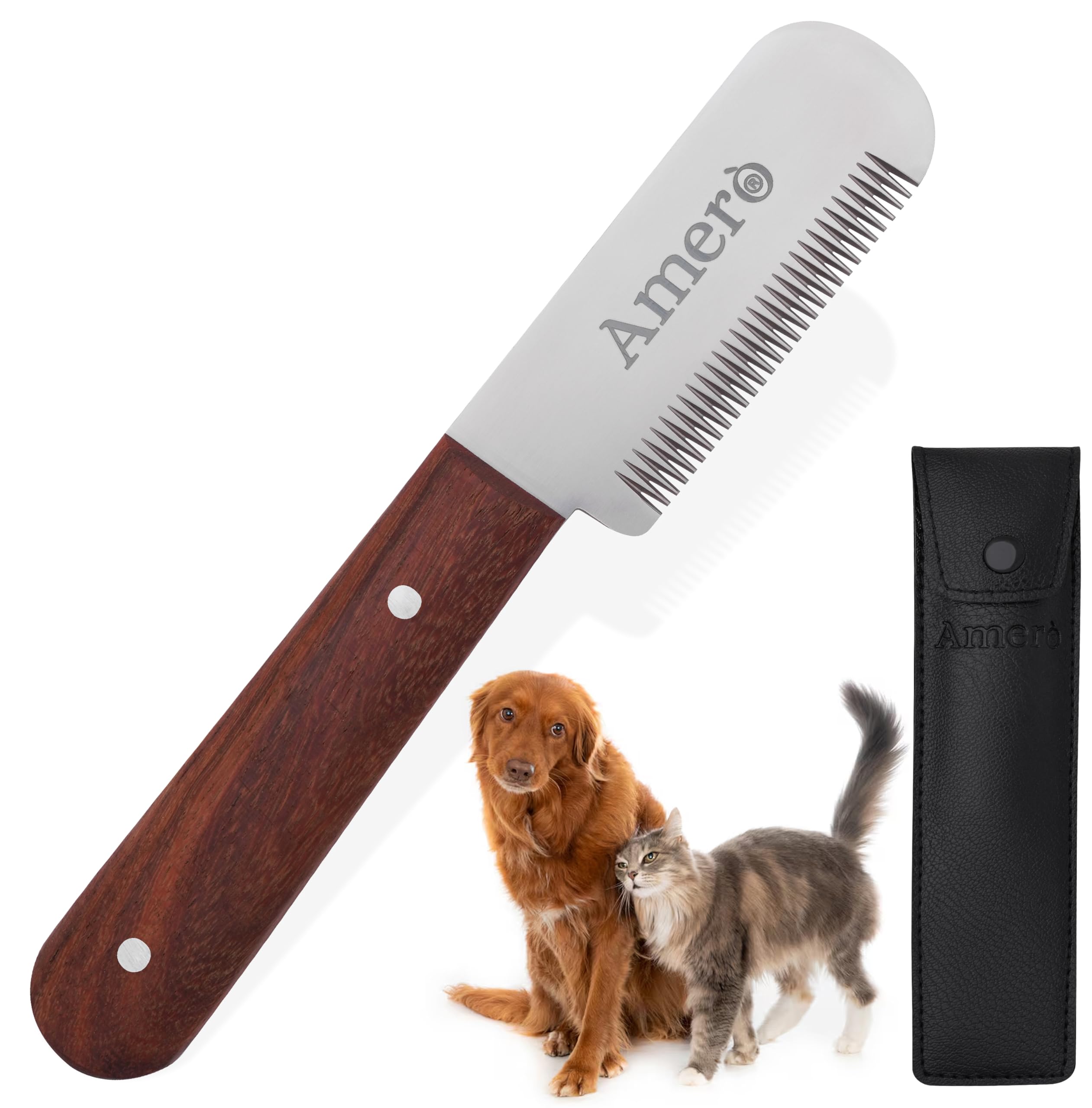 AmerÒ Dog Stripping Knife – Right Handed Grooming Tool for Dogs, Ergonomic Wooden Handle, Hand Stripping Knife for Border Terrier & Wire Coat Grooming – Durable & Precise (Natural Wood)