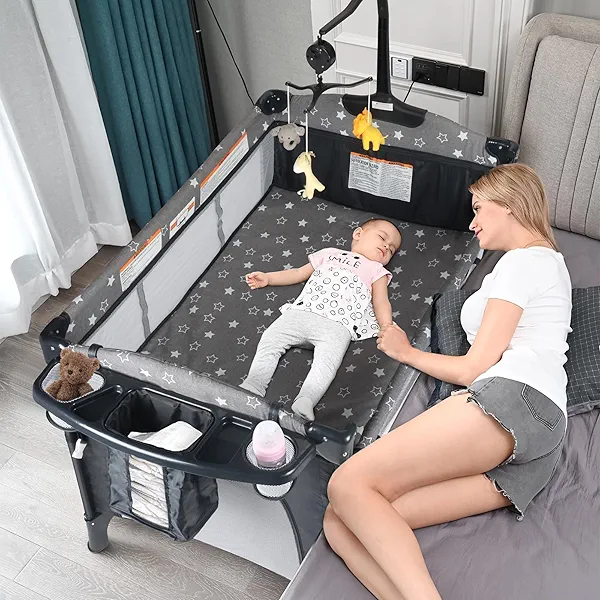 BIUSIKAN Bedside Bassinet for Baby, Portable Baby Crib with Mosquito Net, Mattress, Diaper Changer, Playpen for Newborn to Toddles, Pack and Play with Bassinet, 5 in 1 Bedside Crib