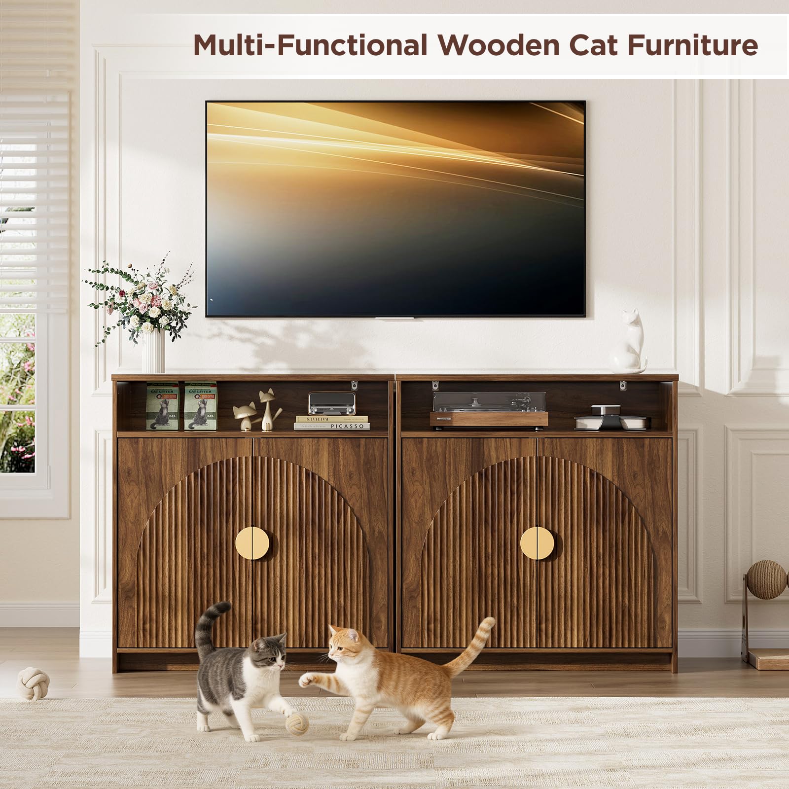 Cat Litter Box Enclosure, Cat Litter Box Furniture with Storage, Modern Fluted Arched Hidden Litter Box with Dual Entry, Waterproof Cat Box Enclosure, Side Table, Walnut - image 8
