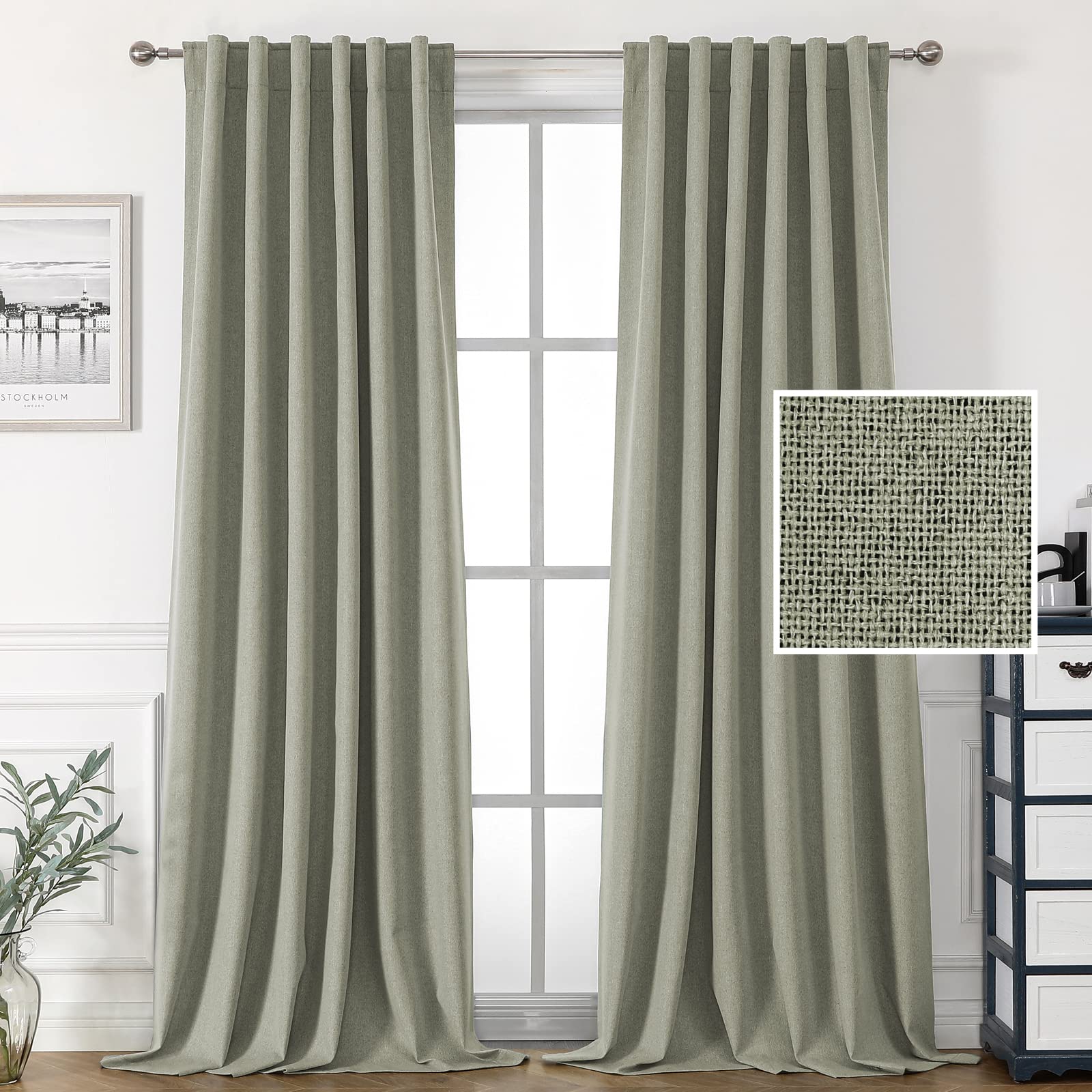 H.VERSAILTEX 100% Blackout Faux Linen Curtains for Bedroom 96 inch Full Light Blocking Drapes with Double Face Linen Back Tab Loop Pocket Textured Burlap Curtains for Living Room 2 Panels, Sage