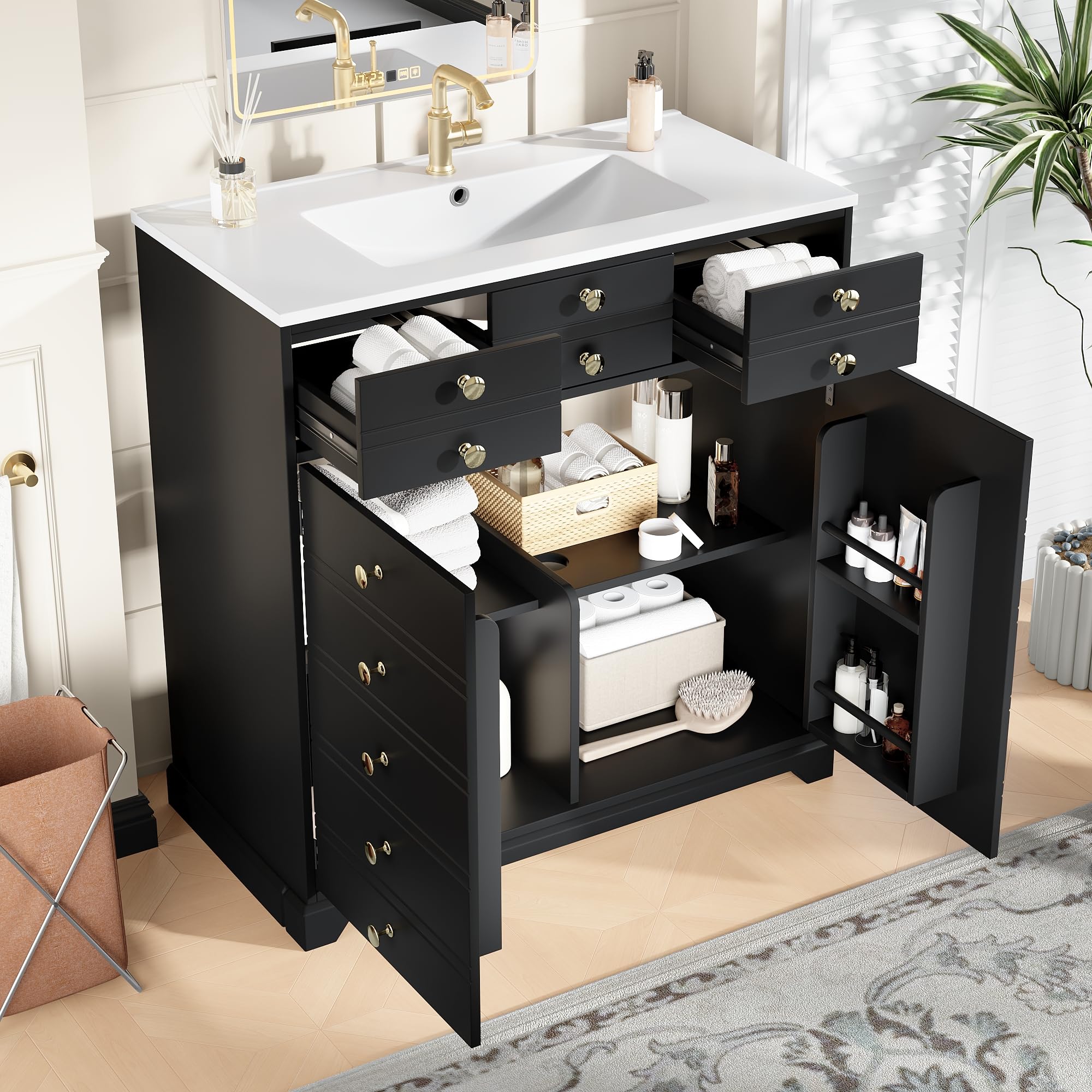 Waschbeckenschrank mit Vielseitiger Stauraum, Badezimmerschrank mit 2 Schubladen und Verstellbare Einlegeböden, Keramikwaschbecken, Moderner Badmöbel, Schwarz-D, 91.5x47x86.5 cm