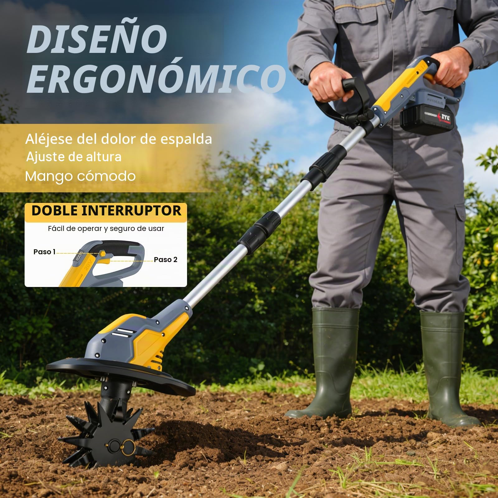 Motoazada Electrica 800W,Motocultor Plegable,Profundidad de Labranza 20 cm, Anchura de Labranza 23 cm, con Pantalla Indicadora de Carga para Labrar Jjardines y Huertos (Dos Baterías)