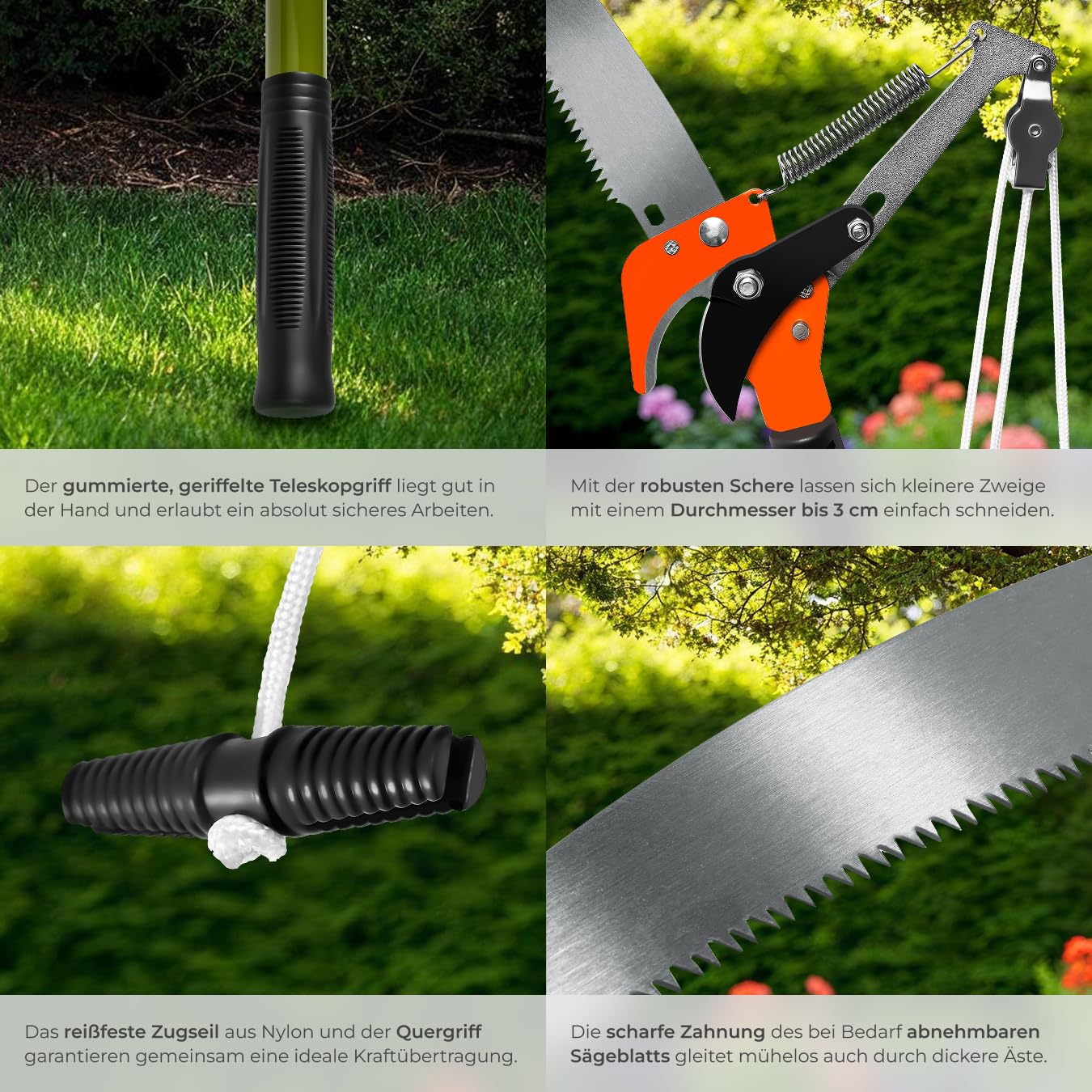 tectake® Astschere Teleskop mit Seilzug und Säge, Handsäge, max. Arbeitshöhe 4 Meter, Baumsäge, Baumschere Hochentaster, Gartenwerkzeug mit Teleskopstange mit Sägeblatt 161-258 cm ausziehbar