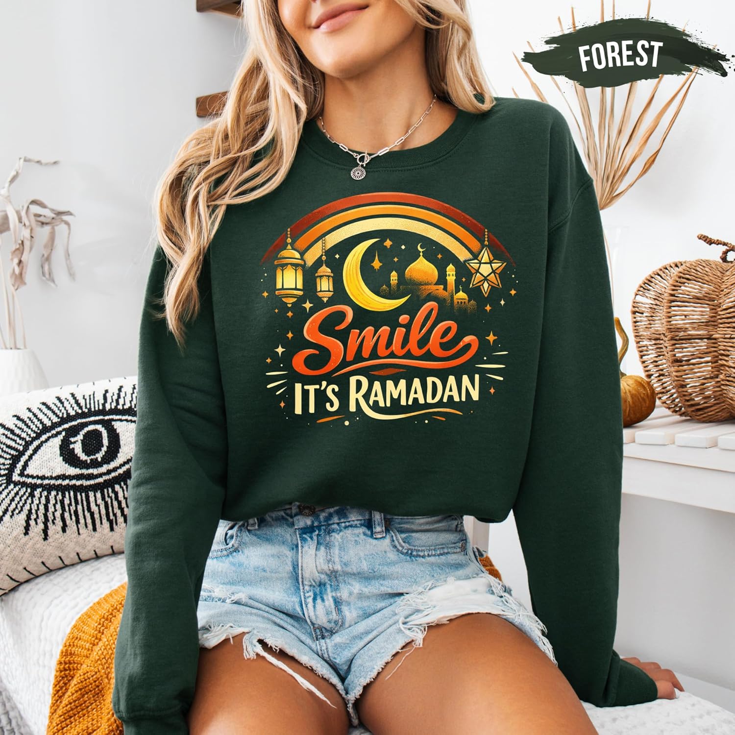 Smile It's Ramadan Graphic Sweatshirt in Forest Green – Ramadan-Inspired Design with Crescent, Lanterns, and Mosque - Image 2
