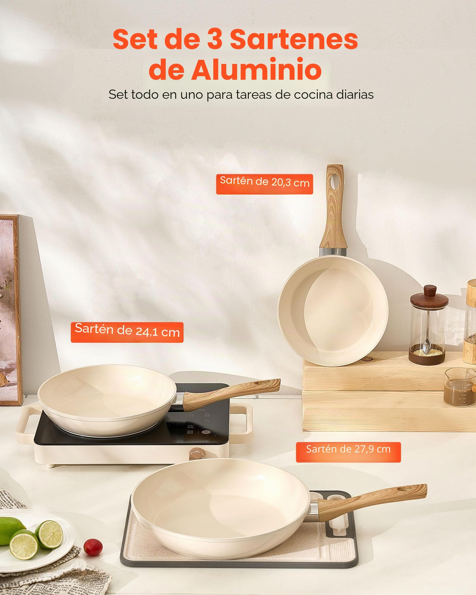 VEVOR Sartén de Aluminio para Huevos, 3 uds 200, 240 y 280 mm, Antiadherente, de Cerámica Resistente con Mango Resistente al Calor, Ideal para Cocina de Chef, Gas, Eléctrica e Inducción, Beige