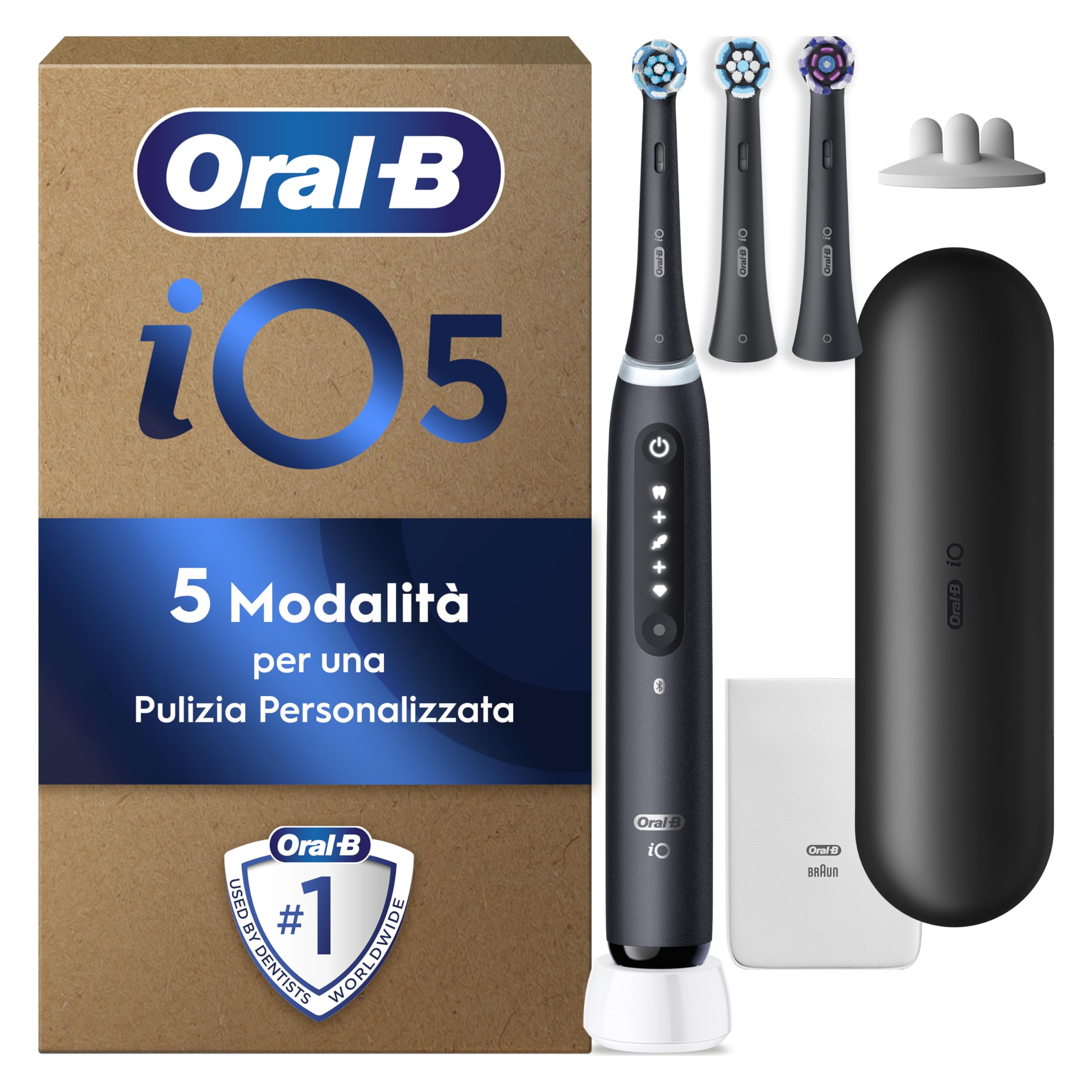 spazzolino elettrico ricaricabile iO 5 nero con 3 testine di ricambio custodia da viaggio