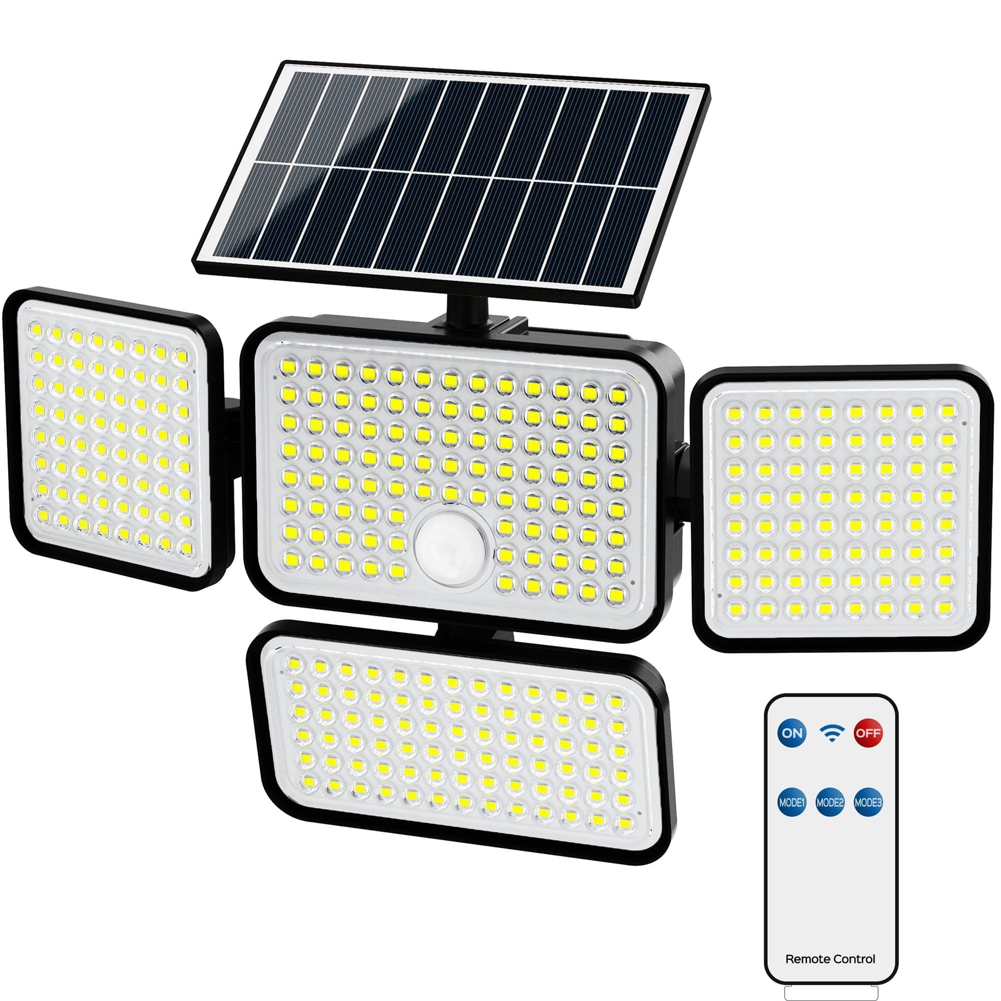 RIXGLEAM Solarlampen für Außen mit Bewegungsmelder, Solar Lampe Outdoor mit linsenfokussierte LED, 3 Modi LED Solarleuchten für Aussen, Monokristallines Solarpanel, 4 Köpfe, 304 LEDs, 8500K