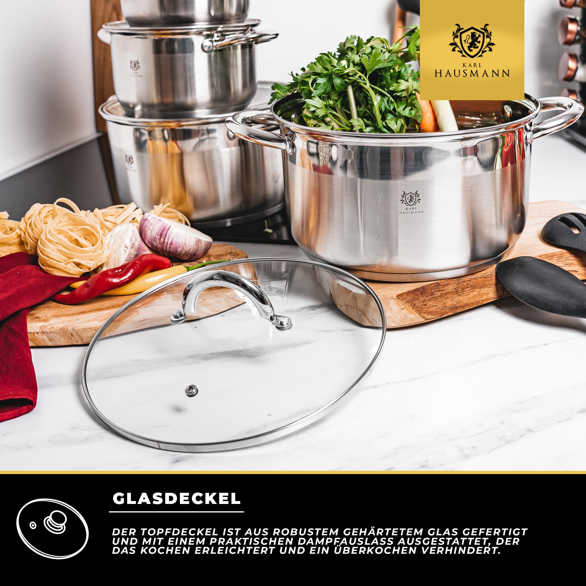 KARL HAUSMANN Edelstahl Topf - 2L - Ø 18 cm - Kochtopf Induktion für alle Herdarten Geeignet - Edelstahltopf mit Deckel - Suppentopf - Spaghettitopf - Stainless Steel Pot - Töpfe - Kochtöpfe