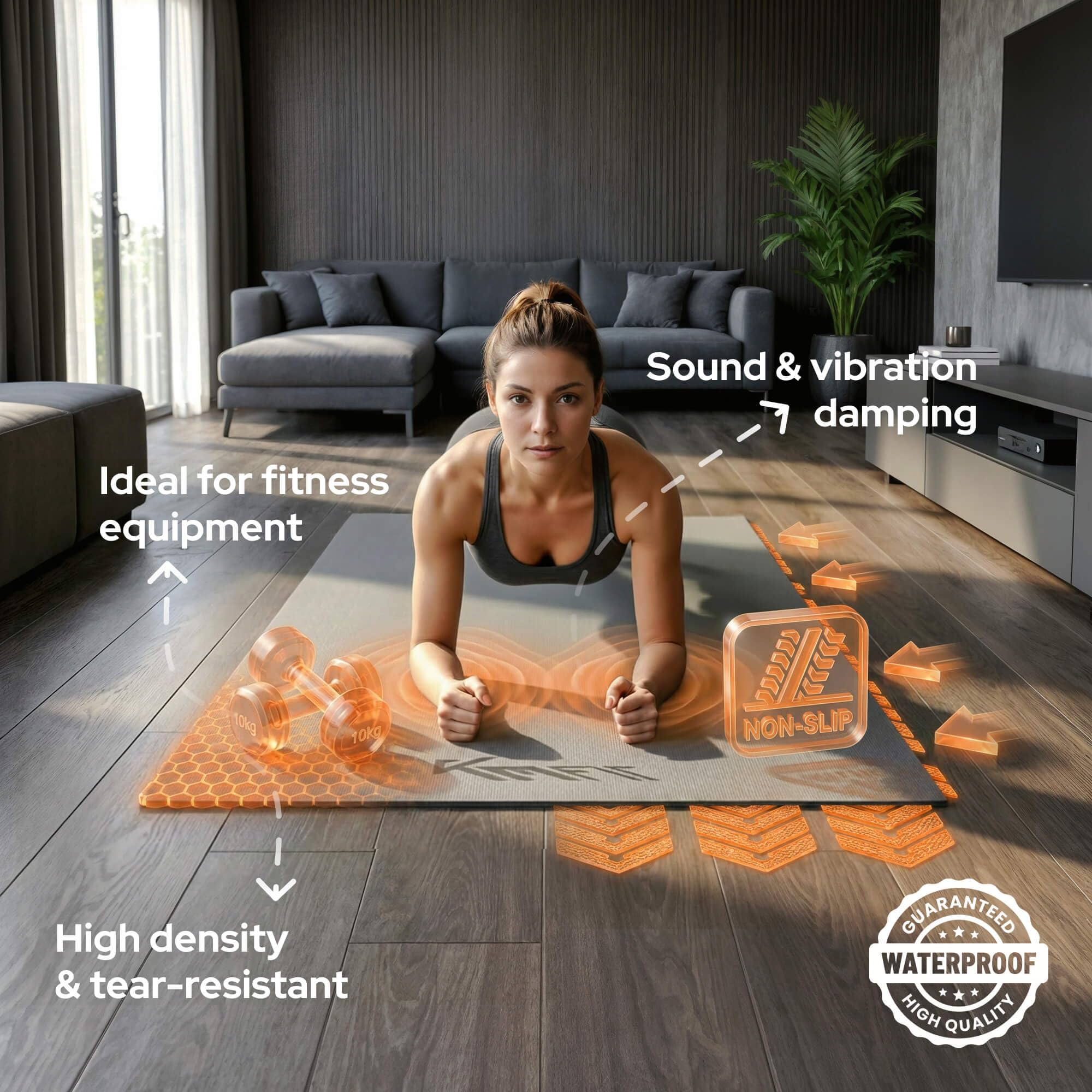 KM-Fit Esterilla Protectora Fitness | Alfombrilla Antideslizante para Aparatos de Gimnasio | Aislante Acústico y Antivibraciones | Yoga, Pilates y Ejercicio | 4 Tamaños Disponibles