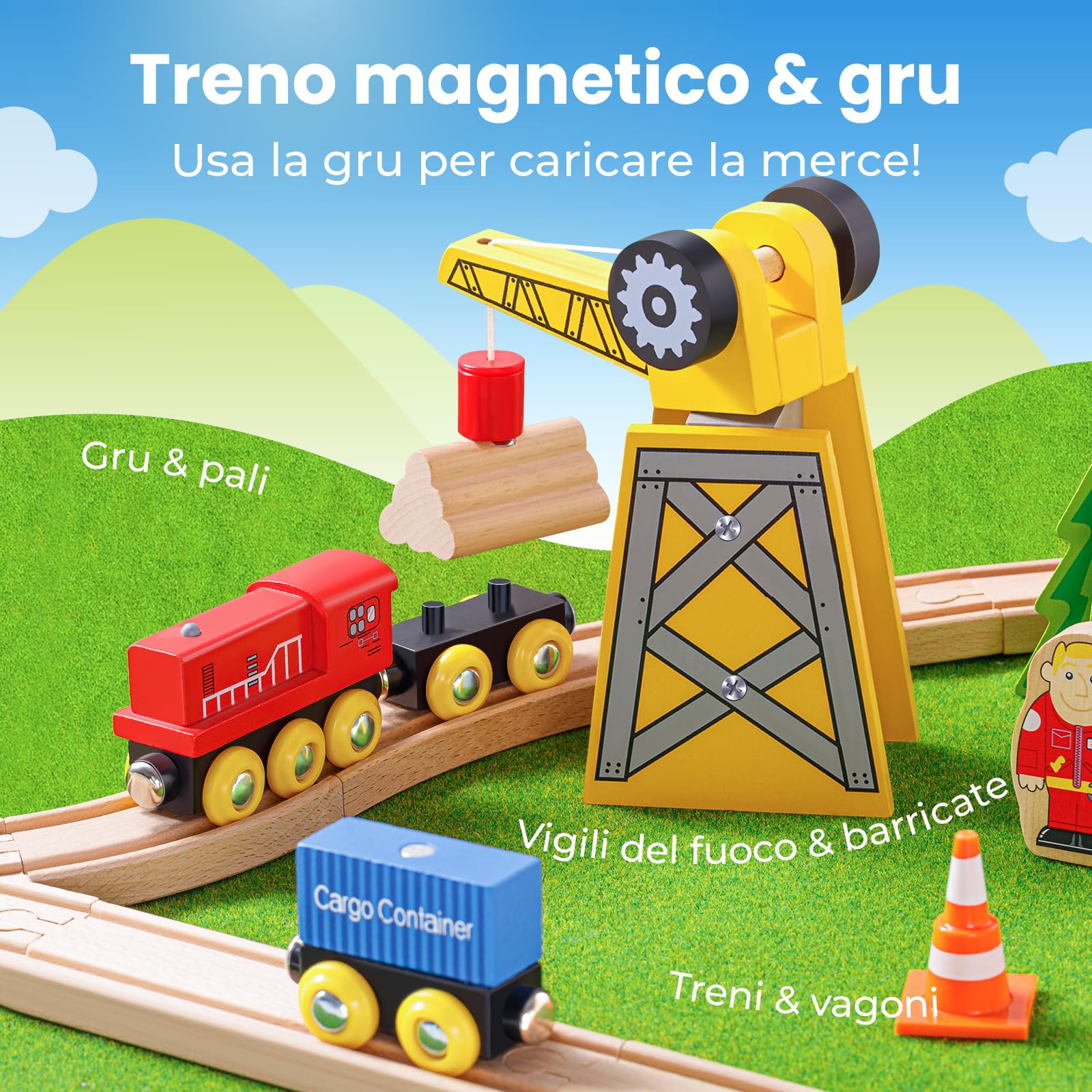 Tiny Land Set di 55 pezzi per gru e treni esclusivi, compatible con tutte le principali marche di treni in legno