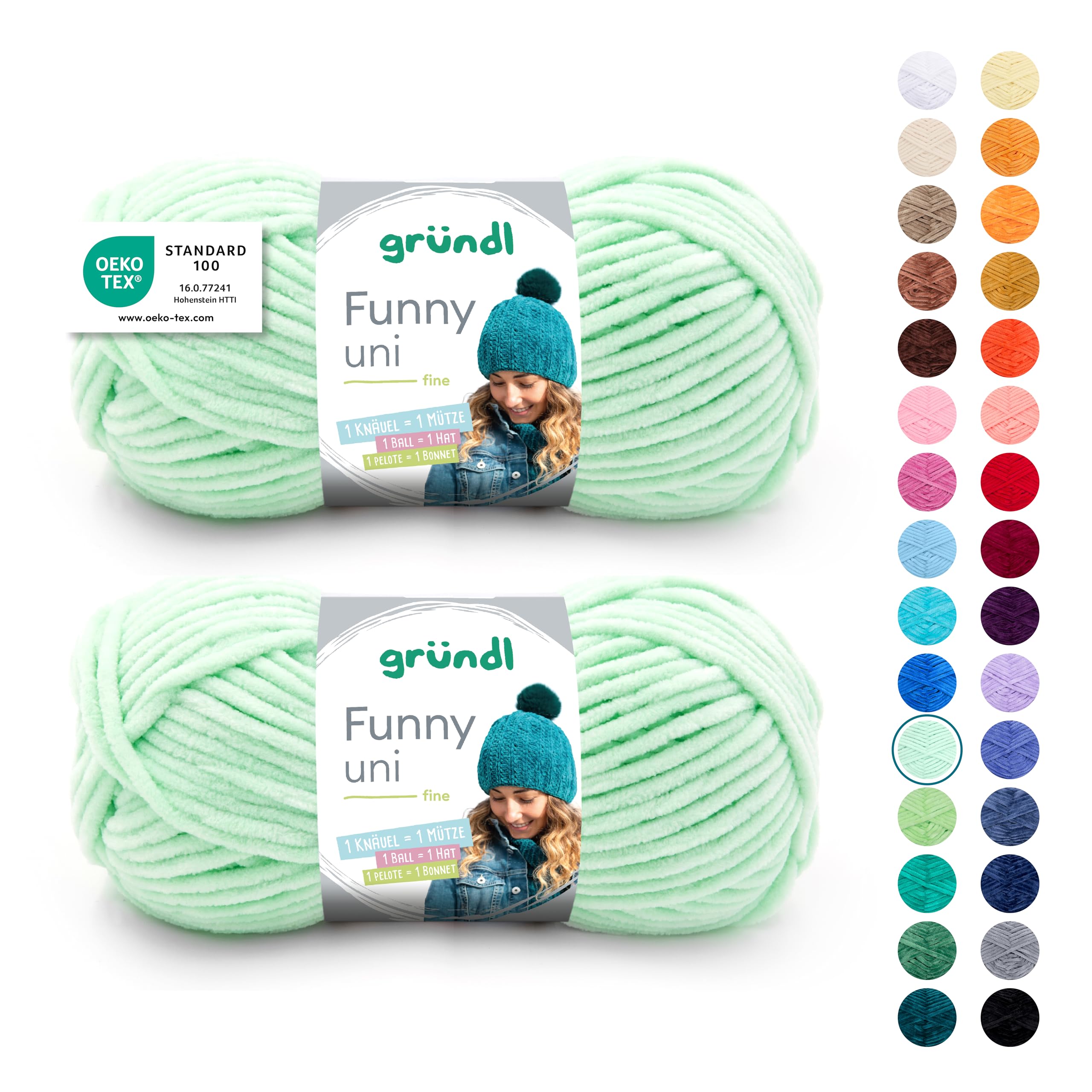 Gründl Wolle Funny uni - dicke weiche Chenille Wolle zum Häkeln - Häkelwolle - Strickwolle - Kuschelig und hautfreundlich - 100% Polyester - 2 Knäuel 100 g / 120 m - Nadelstärke 5-6 - Pastellgrün