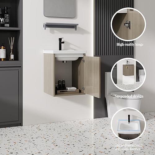 Miniatura 62 de Tocador de baño de 20 pulgadas con lavabo de cerámica, tocador de baño pequeño montado en la pared con puerta de cierre suave, gabinete flotante
