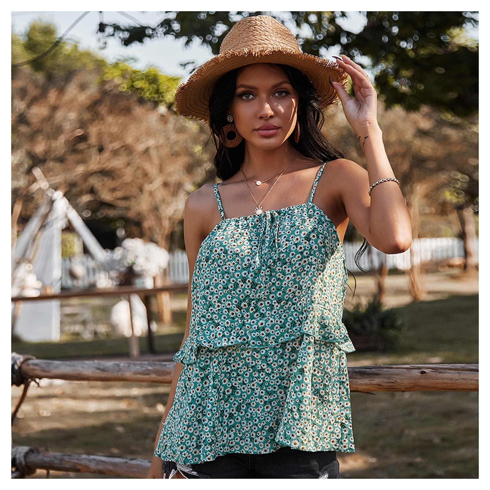 Caraco d'été femme vert M top fluide imprimé floral style vacances