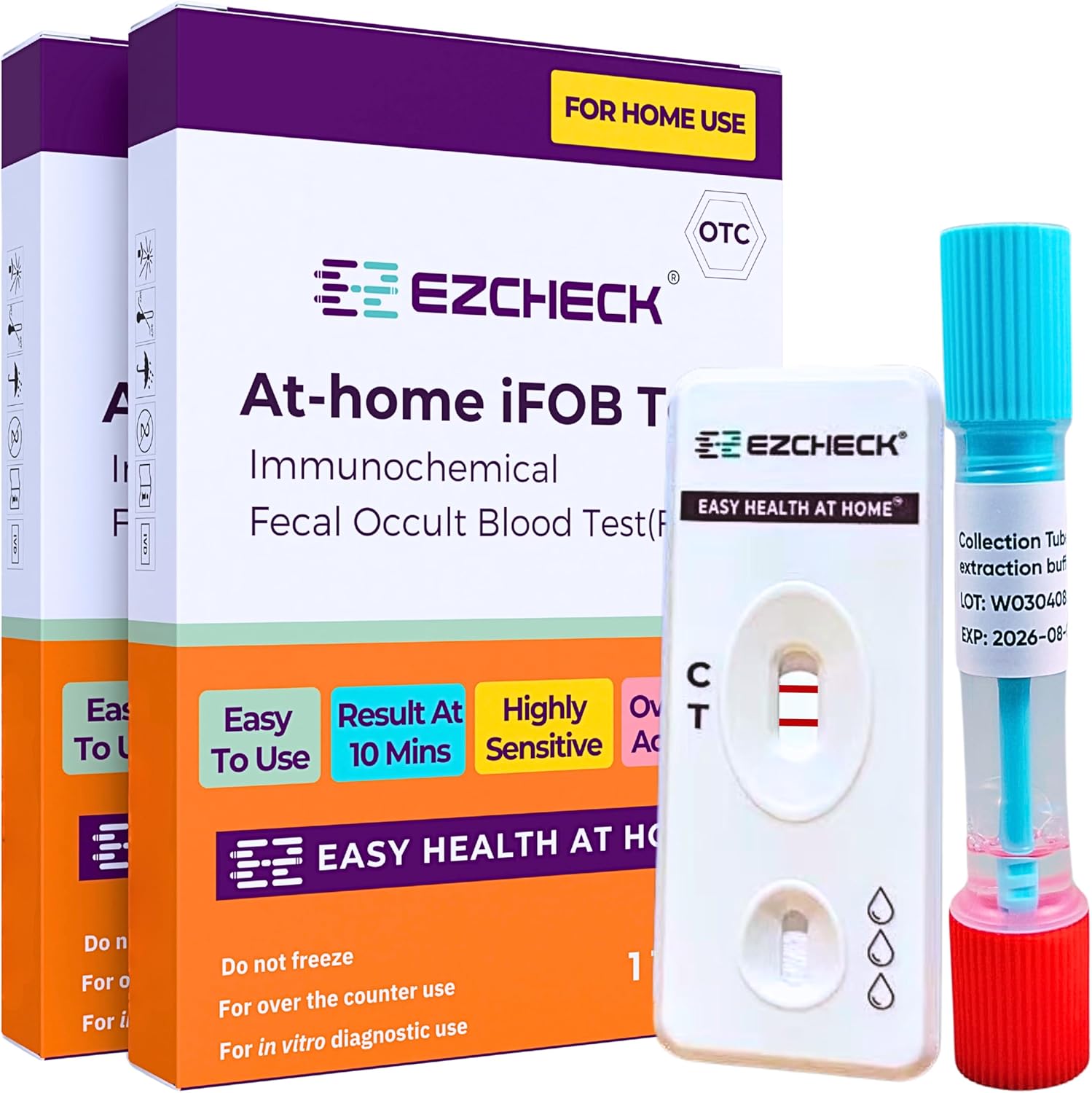 EZCHECK at-Home iFOB FIT Test Kit (2 Tests) - Fast Colon Cancer Screening, Colorectal Health Check, 99% Accurate Results in 10 Min