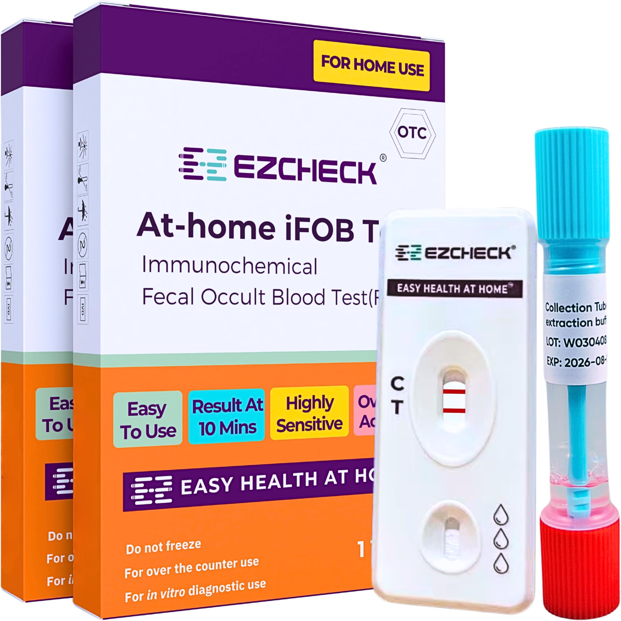 EZCHECK® At-Home iFOB Test (2 Tests) Immunochemical Fecal Occult Blood Test (FIT) for Colon Health Screening, Colon Cancer Screening, Colorectal Cancer Screening, Colon Disease Test