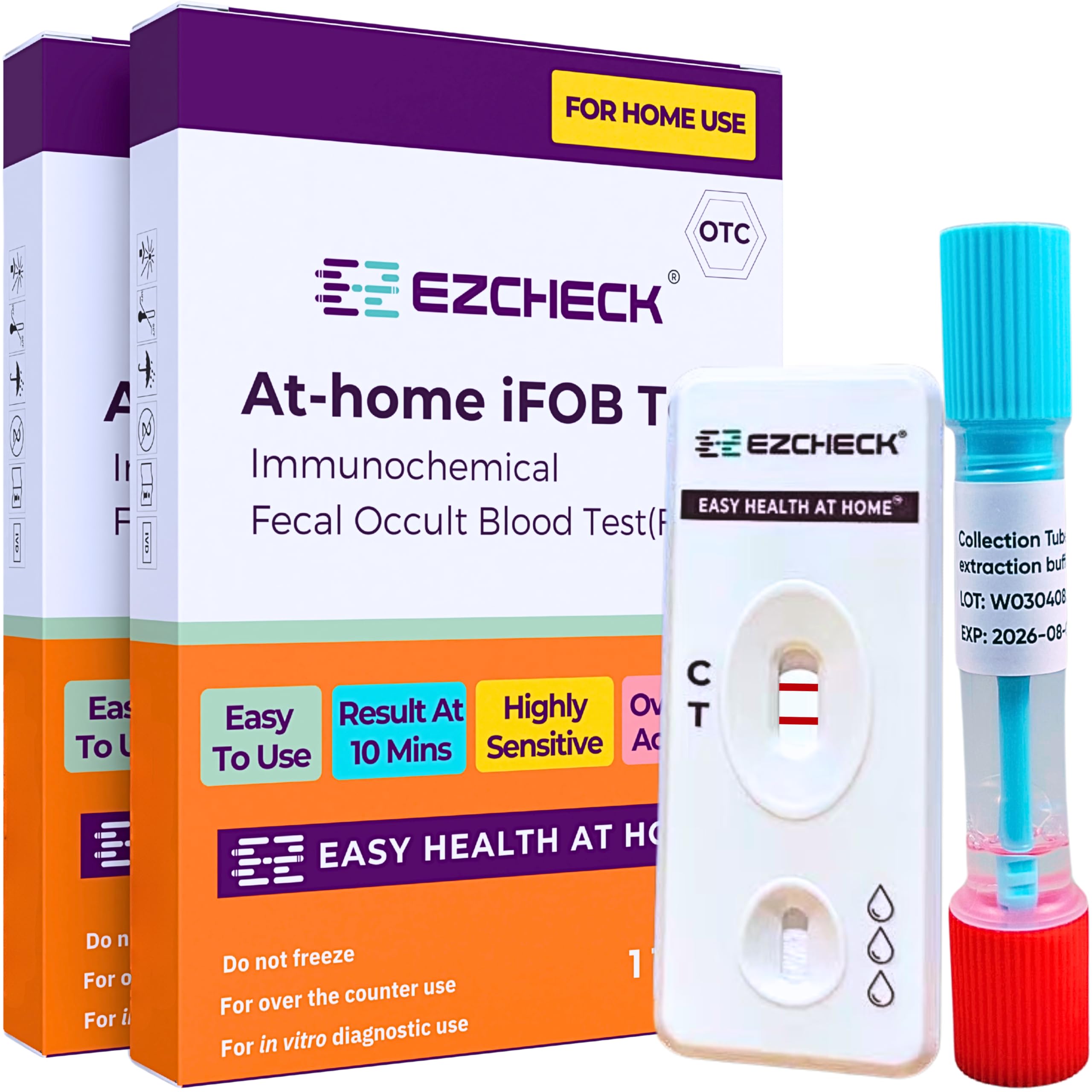 EZCHECK® at-Home iFOB Test (2 Tests) Immunochemical Fecal Occult Blood Test (FIT) for Colon Health Screening, Colon Cancer Screening, Colorectal Cancer Screening, Colon Disease Test