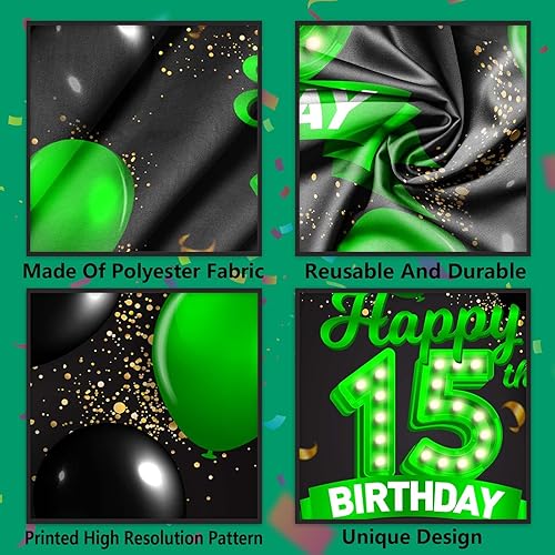 Miniatura 4 de Cartel de feliz cumpleaños 15 color verde y negro, telón de fondo con texto en inglés "Cheers to 15 years old confeti", globos de confeti,