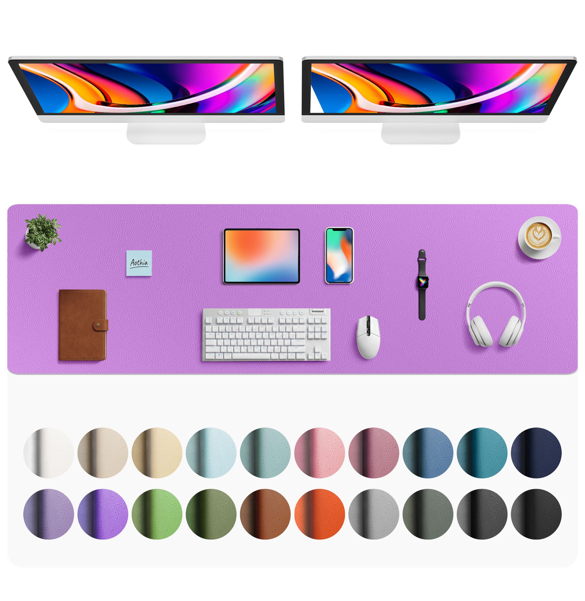 Aothia Faux Leather Desk Mat - Large Mouse Pad, Non-Slip PU Leather Blotter, Waterproof Writing Surface for Office and Home (Iris Violet, 63" x 17")