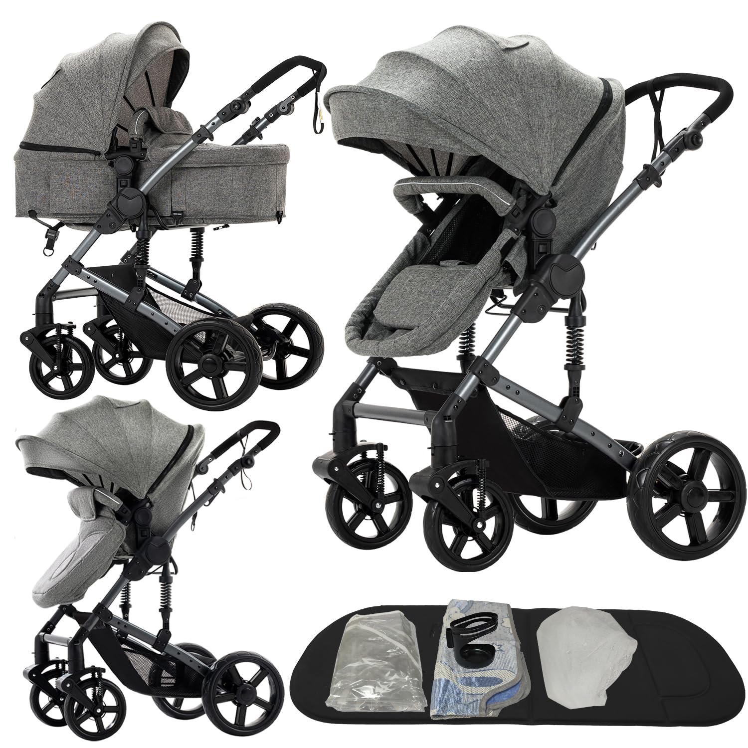 2 in 1 Baby Stroller, Convertible Foldable Standard Stroller, Reversible Pushchair Infant Buggy Carriage, Portable High Landscape Pram for Toddler Newborn, Aluminum Alloy (2US588-GREY)